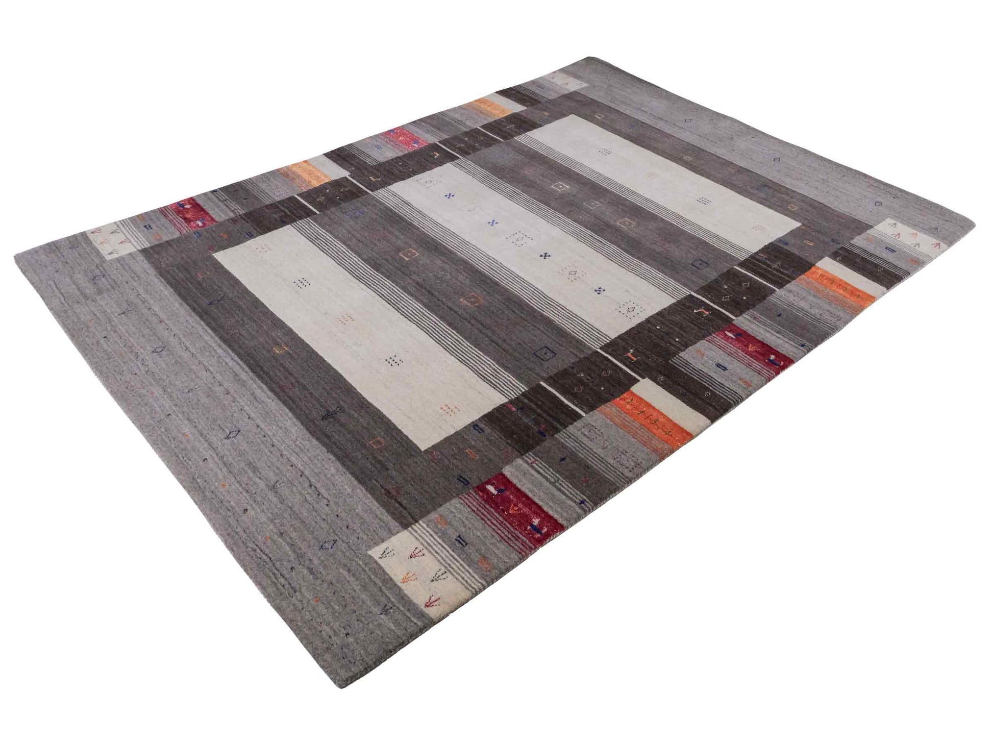 Moderner, Handloom Lori Gabbeh Orientteppich von Khademi aus Wolle mit Bambusseide, grau, mehrfarbig. Nomaden-Design. Produziert in Indien. Größe: 242x171cm. Teppichnummer: KB4-1810. Verkauf durch Jupiter Intl.