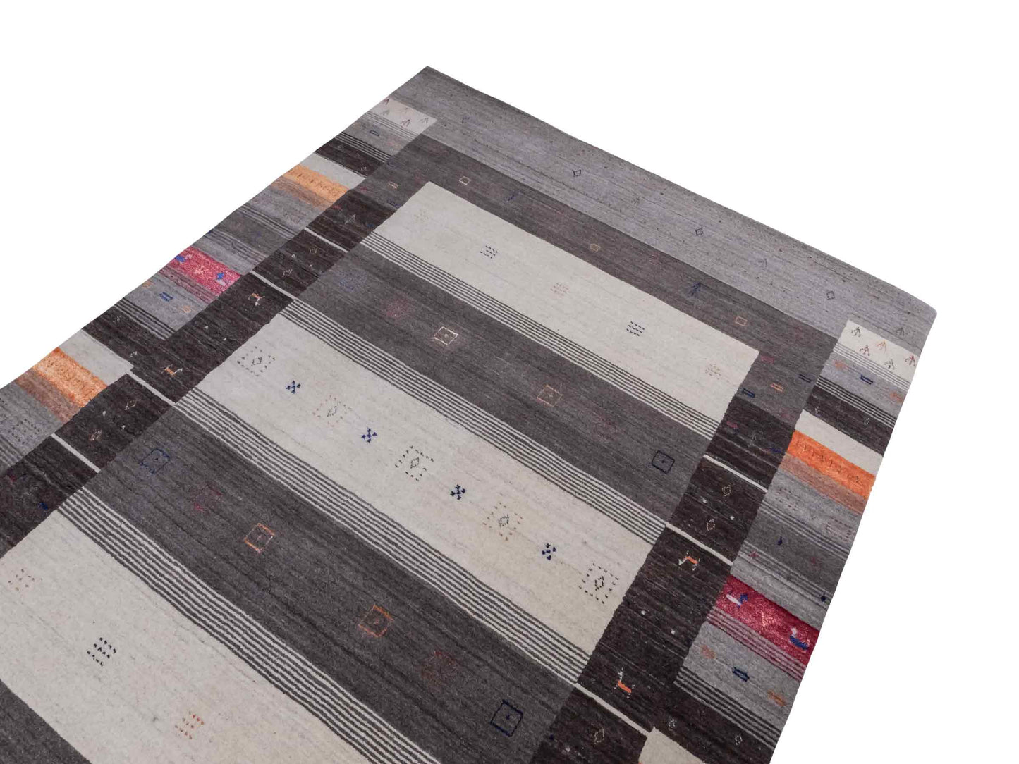 Moderner, Handloom Lori Gabbeh Orientteppich von Khademi aus Wolle mit Bambusseide, grau, mehrfarbig. Nomaden-Design. Produziert in Indien. Größe: 242x171cm. Teppichnummer: KB4-1810. Verkauf durch Jupiter Intl.