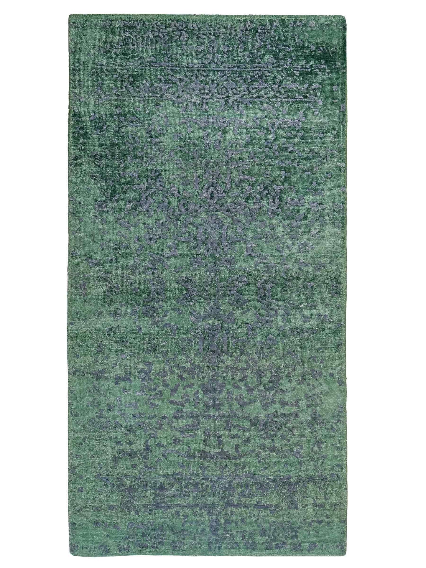 Handgeknüpfter Damask Orientteppich von Khademi aus Wolle mit Viskose, grün. Modernes Vintage-Design. Von Hand geknüpft in Indien. Größe: 140x71cm. Teppichnummer: KB4-1627. Verkauf durch Jupiter Intl.