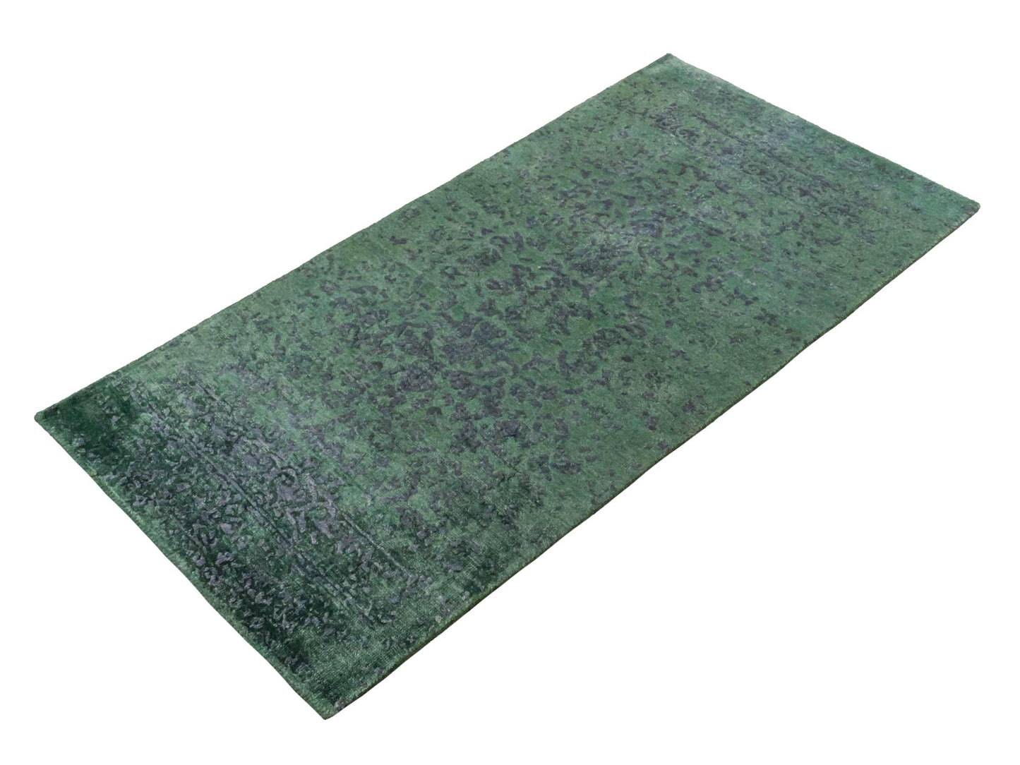 Handgeknüpfter Damask Orientteppich von Khademi aus Wolle mit Viskose, grün. Modernes Vintage-Design. Von Hand geknüpft in Indien. Größe: 140x71cm. Teppichnummer: KB4-1627. Verkauf durch Jupiter Intl.