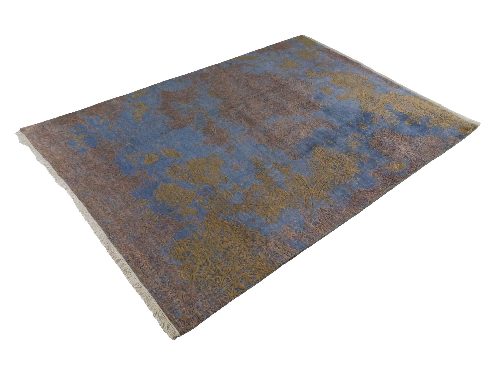 Handgeknüpfter Damask Orientteppich von Khademi aus Wolle mit Viskose, blau, khaki. Modernes Vintage-Design. Von Hand geknüpft in Indien. Größe: 202x144cm. Teppichnummer: KB4-1621. Verkauf durch Jupiter Intl.