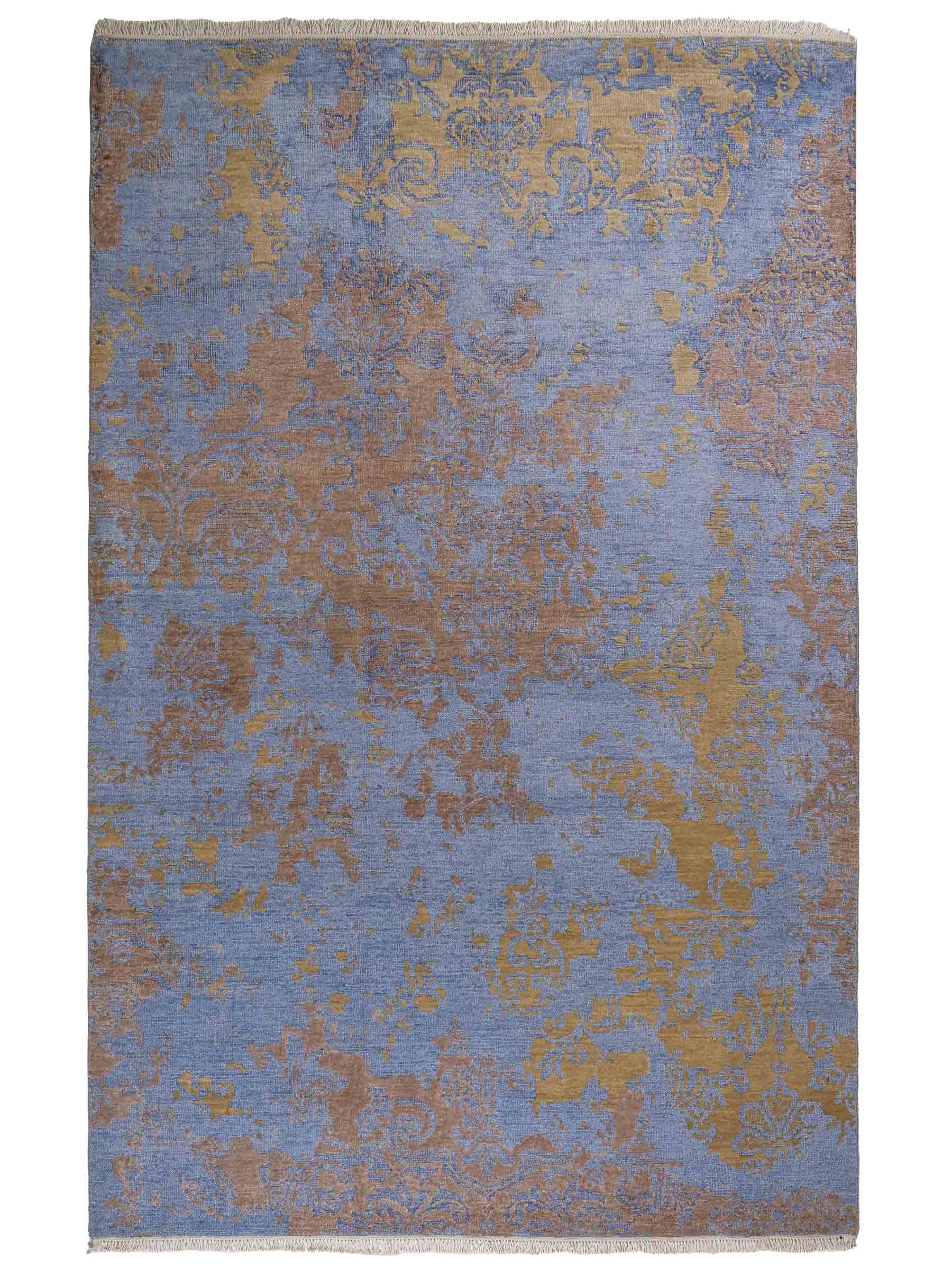 Handgeknüpfter Damask Orientteppich von Khademi aus Wolle mit Viskose, blau, khaki. Modernes Vintage-Design. Von Hand geknüpft in Indien. Größe: 204x145cm. Teppichnummer: KB4-1622. Verkauf durch Jupiter Intl.