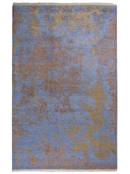 Handgeknüpfter Damask Orientteppich von Khademi aus Wolle mit Viskose, blau, khaki. Modernes Vintage-Design. Von Hand geknüpft in Indien. Größe: 204x145cm. Teppichnummer: KB4-1622. Verkauf durch Jupiter Intl.