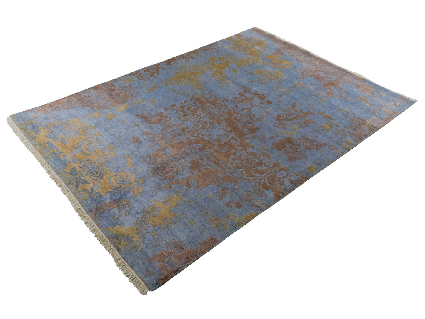 Handgeknüpfter Damask Orientteppich von Khademi aus Wolle mit Viskose, blau, khaki. Modernes Vintage-Design. Von Hand geknüpft in Indien. Größe: 204x145cm. Teppichnummer: KB4-1622. Verkauf durch Jupiter Intl.