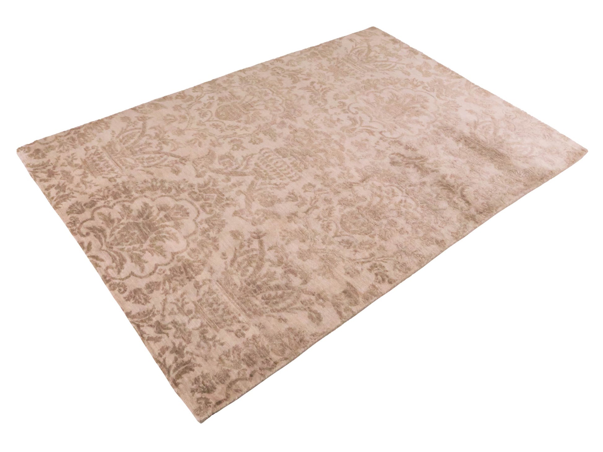 Handgeknüpfter Damask Orientteppich von Khademi aus Wolle mit Viskose, cremeweiß, beige. Modernes Vintage-Design. Von Hand geknüpft in Indien. Größe: 206x143cm. Teppichnummer: KB4-1619. Verkauf durch Jupiter Intl.