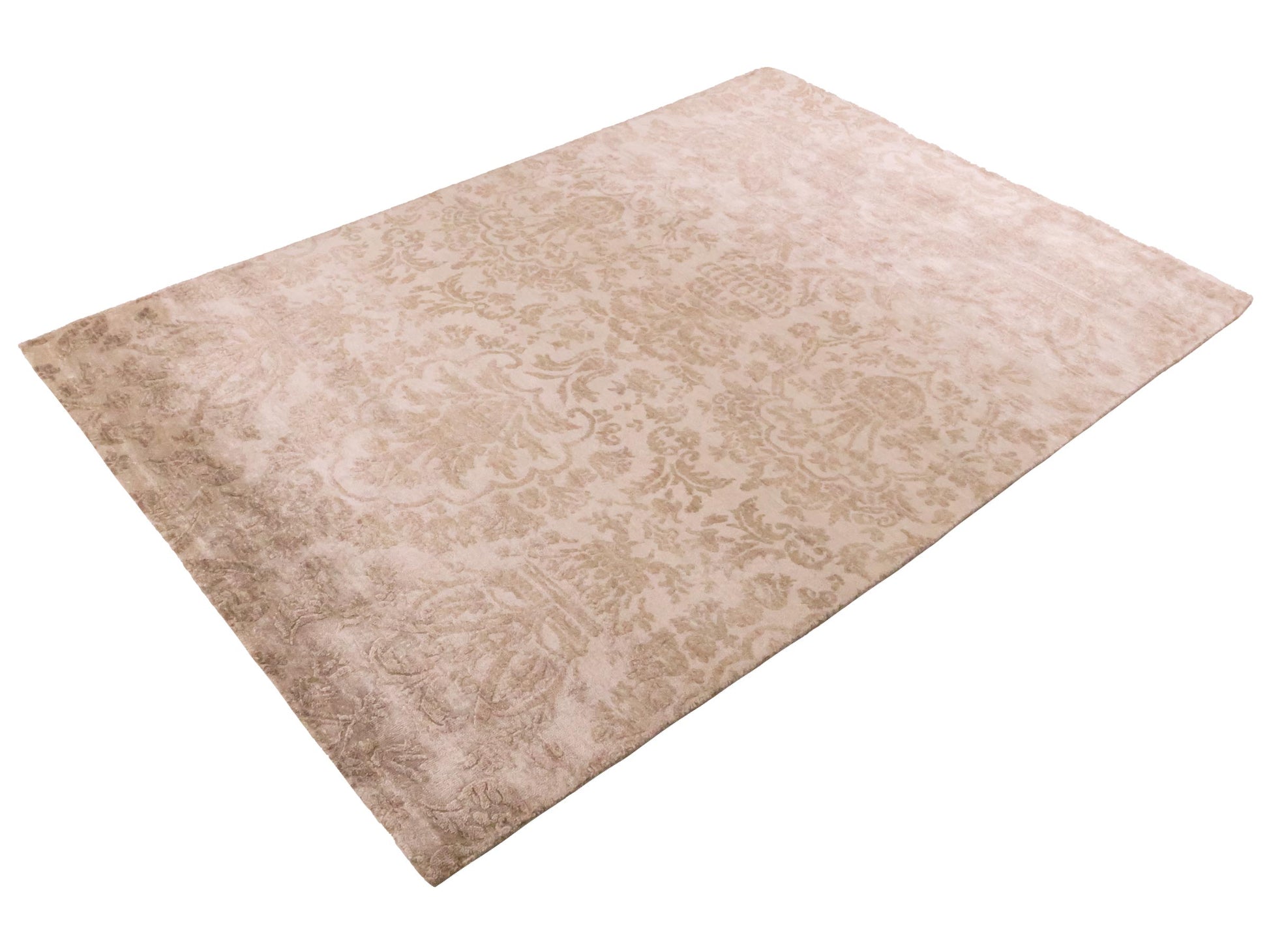 Handgeknüpfter Damask Orientteppich von Khademi aus Wolle mit Viskose, cremeweiß, beige. Modernes Vintage-Design. Von Hand geknüpft in Indien. Größe: 206x143cm. Teppichnummer: KB4-1619. Verkauf durch Jupiter Intl.