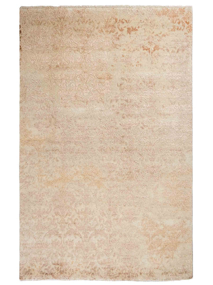 Handgeknüpfter Damask Orientteppich von Khademi aus Wolle mit Viskose, beige, gold, rosa. Modernes Vintage-Design. Von Hand geknüpft in Indien. Größe: 212x155cm. Teppichnummer: KB4-1700. Verkauf durch Jupiter Intl.