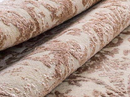 Handgeknüpfter Damask Orientteppich von Khademi aus Wolle mit Viskose, beige, gold, rosa. Modernes Vintage-Design. Von Hand geknüpft in Indien. Größe: 212x155cm. Teppichnummer: KB4-1700. Verkauf durch Jupiter Intl.