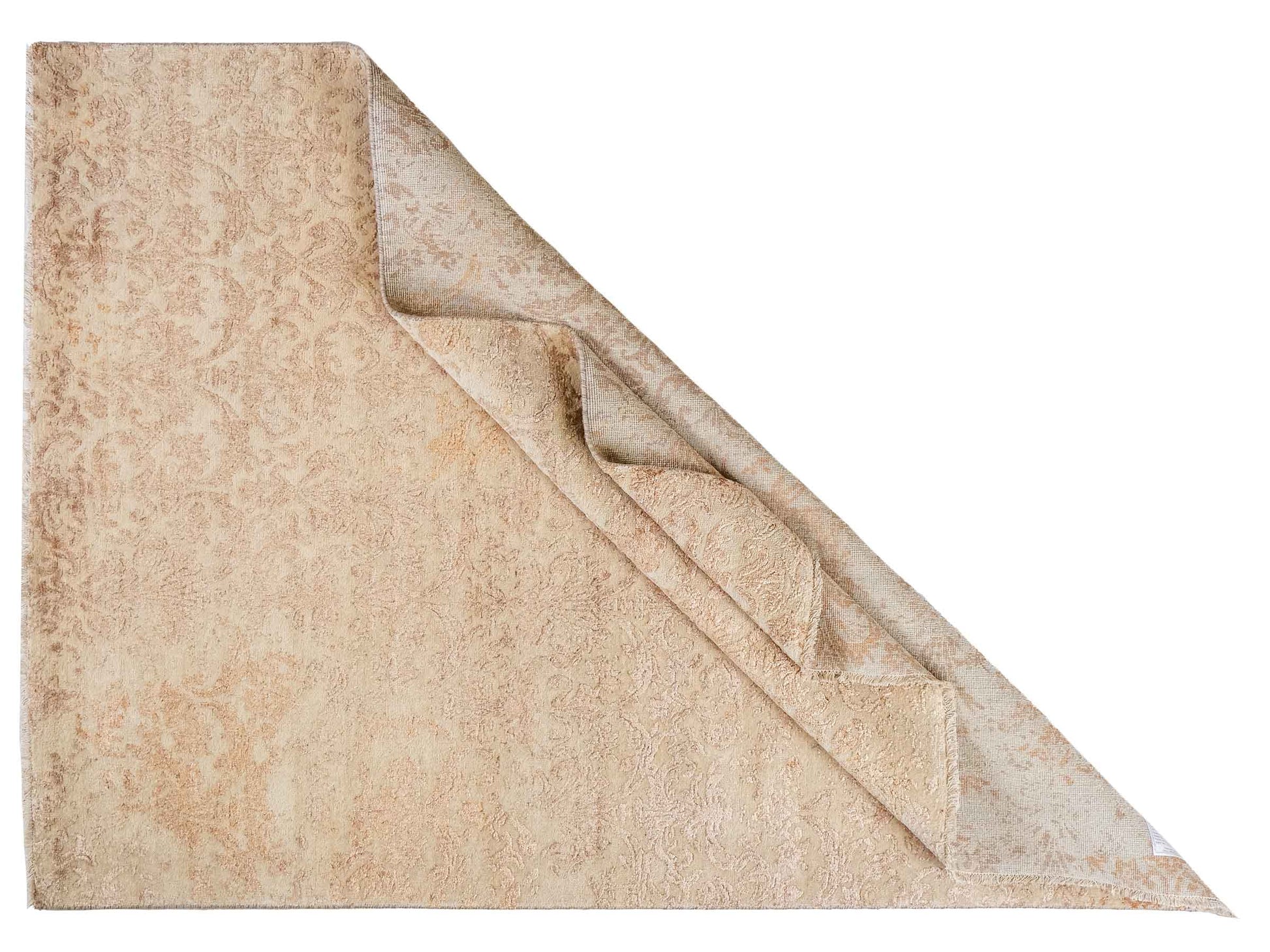 Handgeknüpfter Damask Orientteppich von Khademi aus Wolle mit Viskose, beige, gold, rosa. Modernes Vintage-Design. Von Hand geknüpft in Indien. Größe: 212x155cm. Teppichnummer: KB4-1700. Verkauf durch Jupiter Intl.