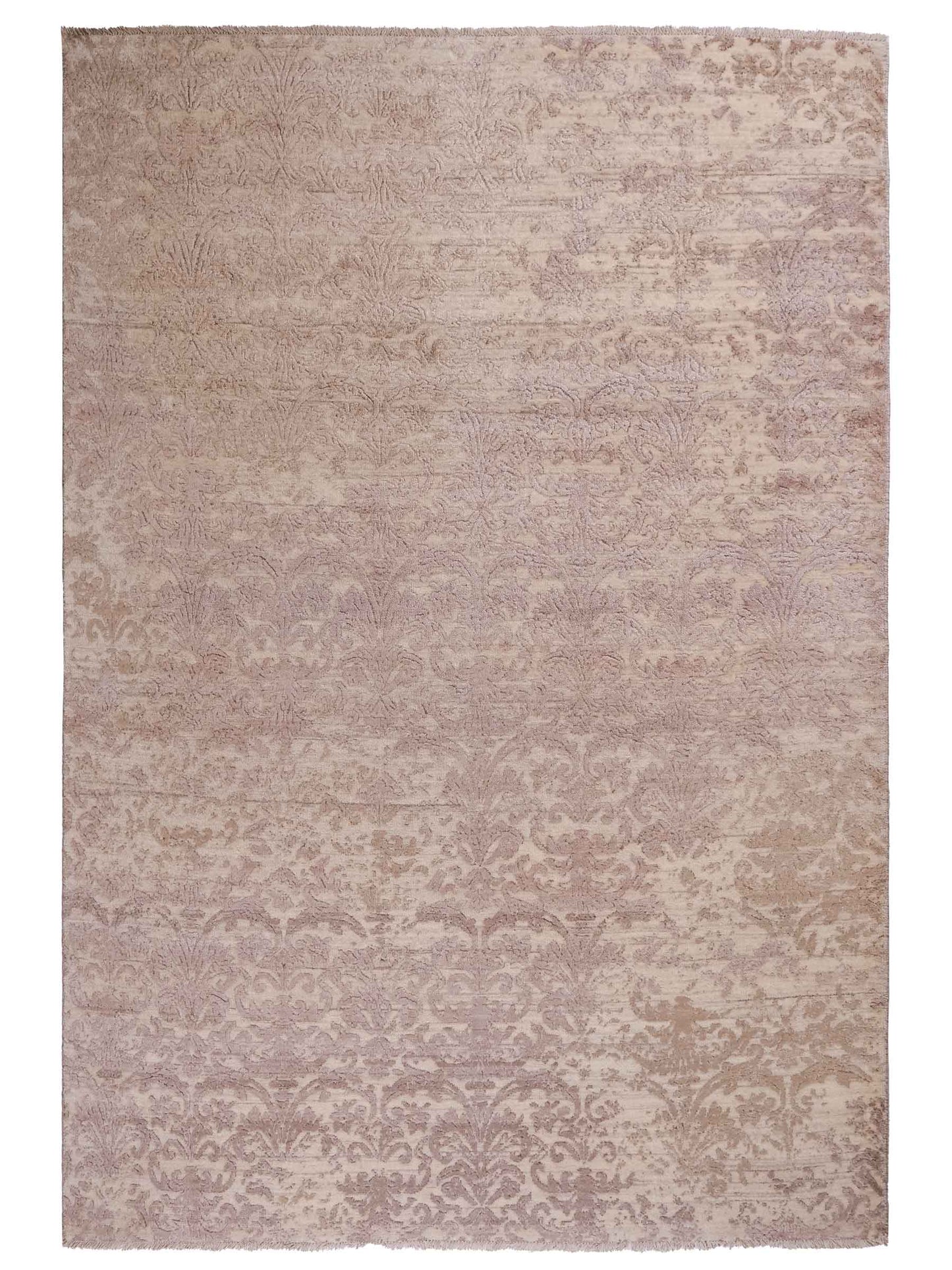 Handgeknüpfter Damask Orientteppich von Khademi aus Wolle mit Viskose, beige, rosa. Modernes Vintage-Design. Von Hand geknüpft in Indien. Größe: 240x171cm. Teppichnummer: KB4-1697. Verkauf durch Jupiter Intl.