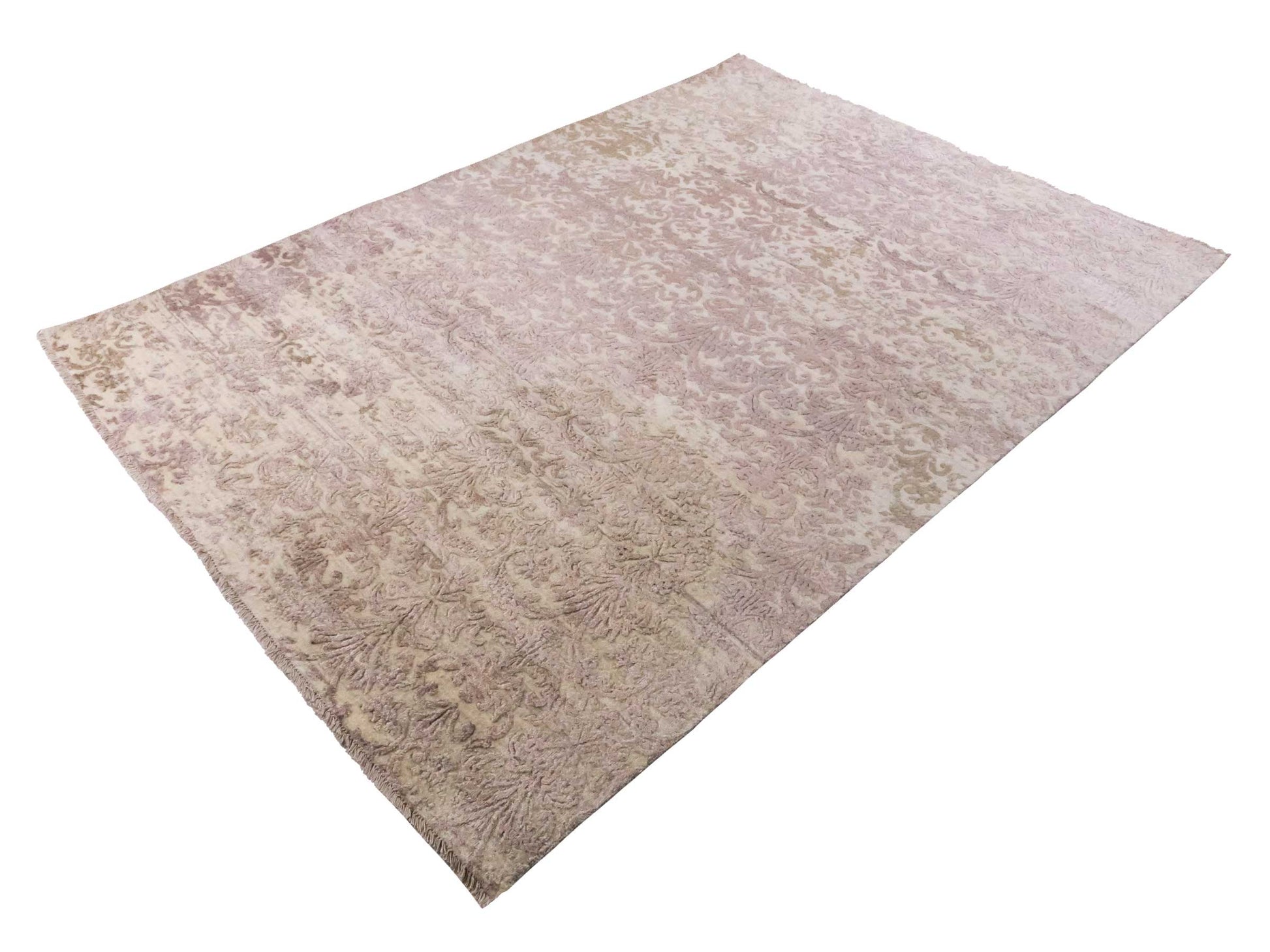 Handgeknüpfter Damask Orientteppich von Khademi aus Wolle mit Viskose, beige, rosa. Modernes Vintage-Design. Von Hand geknüpft in Indien. Größe: 240x171cm. Teppichnummer: KB4-1697. Verkauf durch Jupiter Intl.