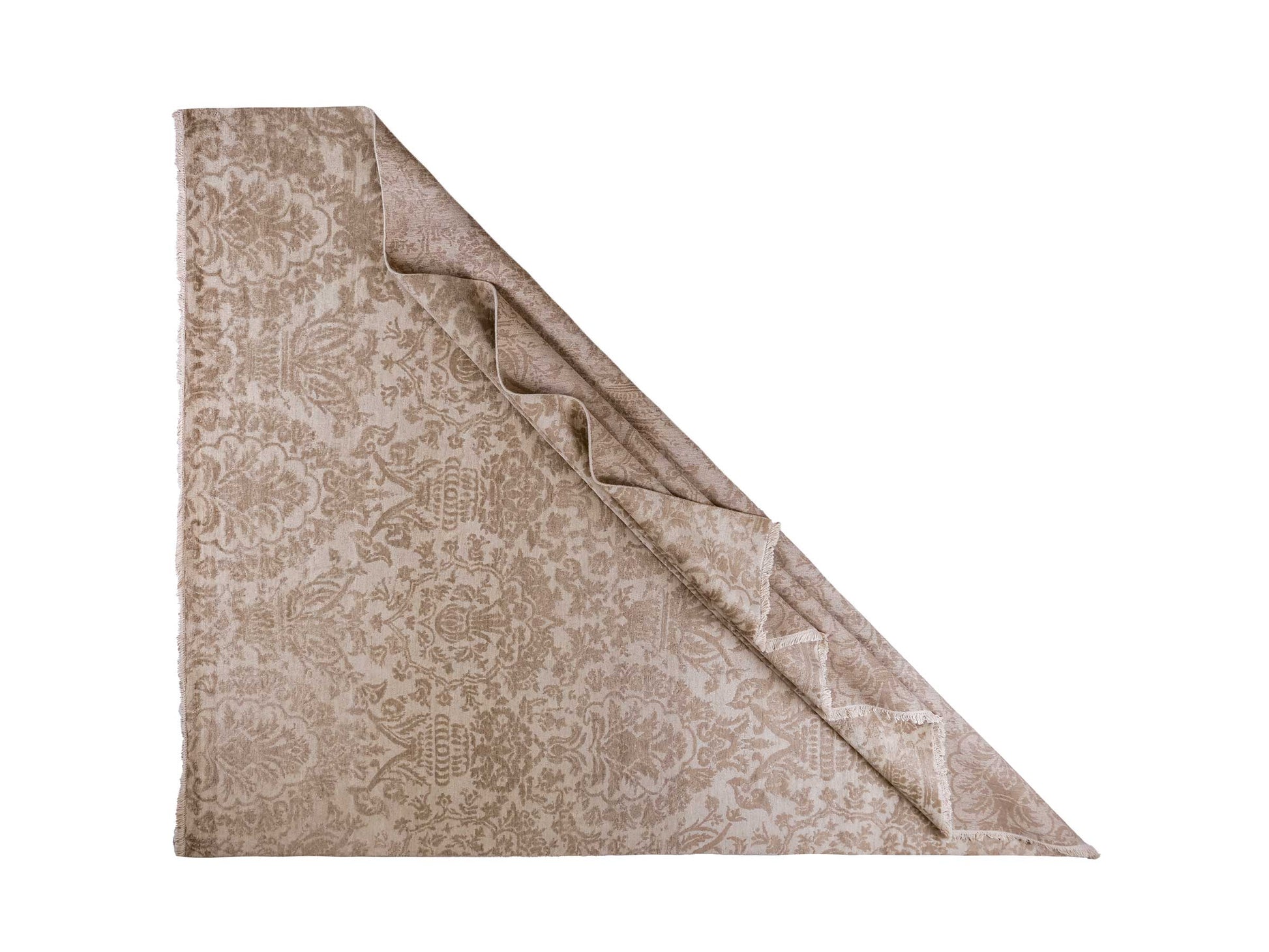 Handgeknüpfter Damask Orientteppich von Khademi aus Wolle mit Viskose, beige, gold, creme. Modernes Vintage-Design. Von Hand geknüpft in Indien. Größe: 295x240cm. Teppichnummer: KB4-1630. Verkauf durch Jupiter Intl.