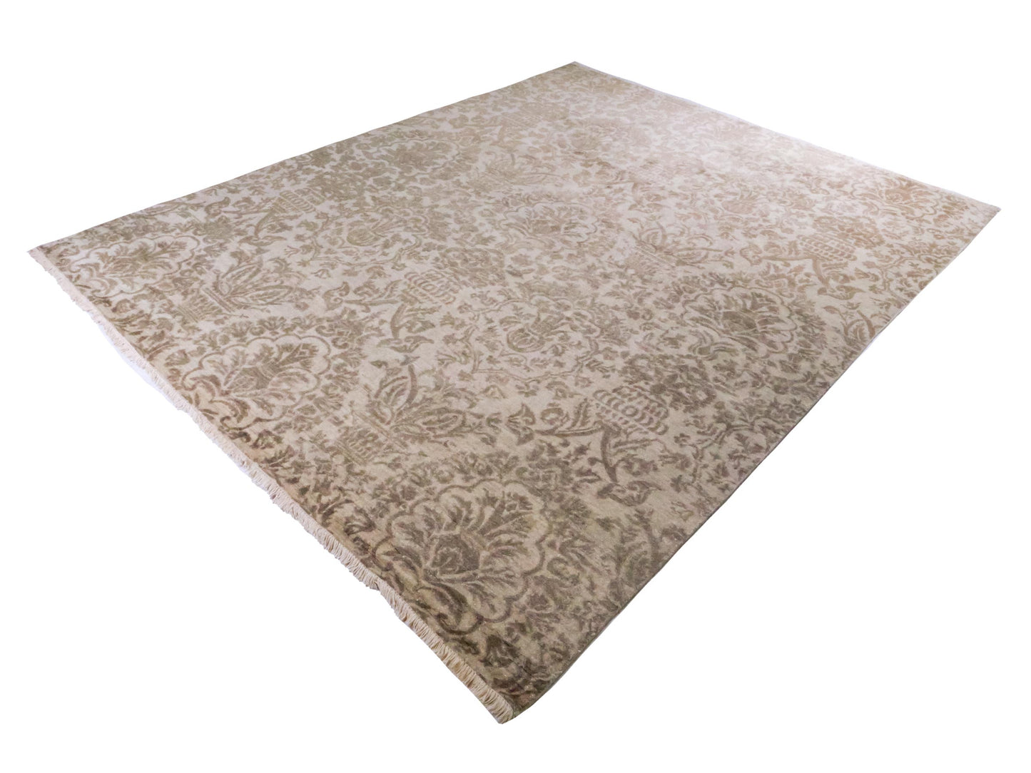 Handgeknüpfter Damask Orientteppich von Khademi aus Wolle mit Viskose, beige, gold, creme. Modernes Vintage-Design. Von Hand geknüpft in Indien. Größe: 295x240cm. Teppichnummer: KB4-1630. Verkauf durch Jupiter Intl.
