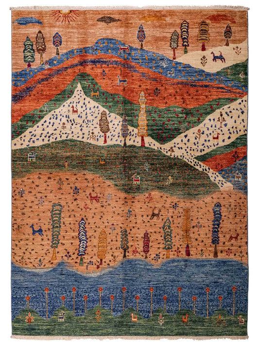 Moderner, handgeknüpfter, afghanischer Design Arijana Orientteppich aus Wolle von Khademi. Größe: 230 x 179 cm. Farbe: Beige, blau, grün. Vertrieb durch JUPITER Intl.