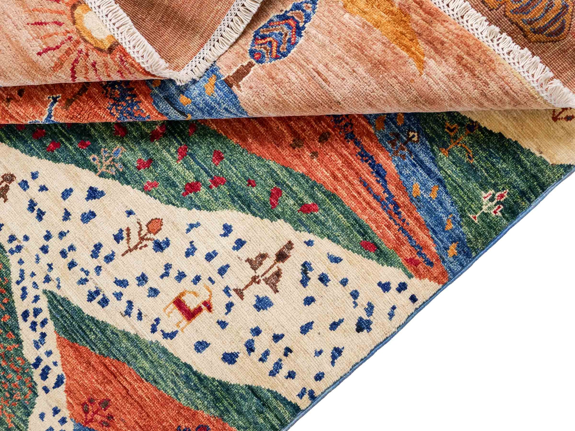 Moderner, handgeknüpfter, afghanischer Design Arijana Orientteppich aus Wolle von Khademi. Größe: 230 x 179 cm. Farbe: Beige, blau, grün. Vertrieb durch JUPITER Intl.