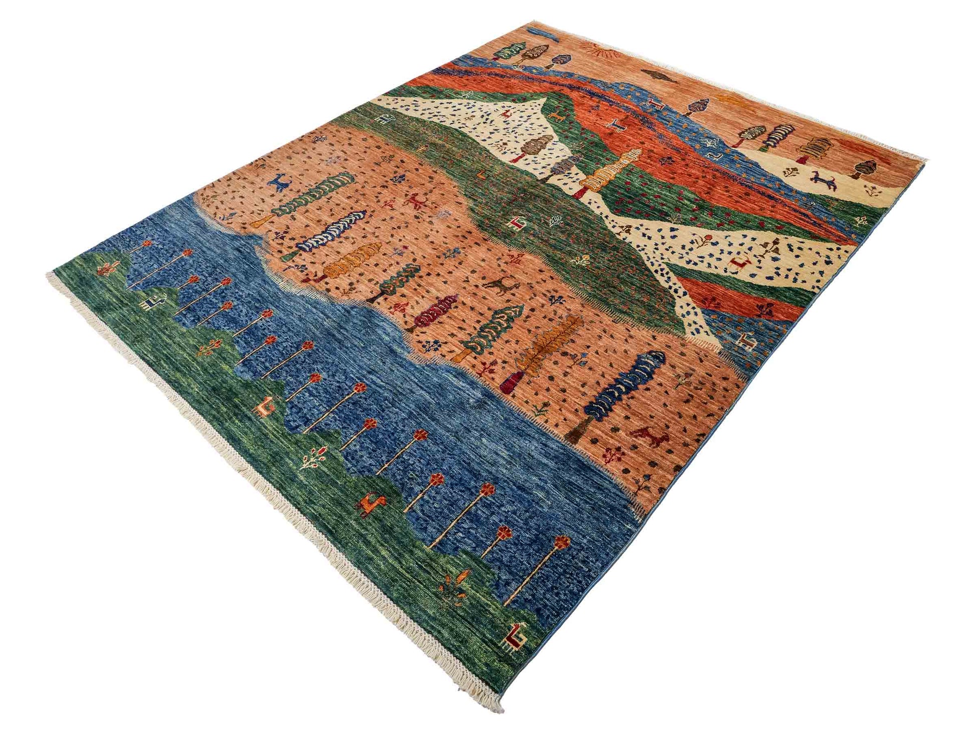 Moderner, handgeknüpfter, afghanischer Design Arijana Orientteppich aus Wolle von Khademi. Größe: 230 x 179 cm. Farbe: Beige, blau, grün. Vertrieb durch JUPITER Intl.