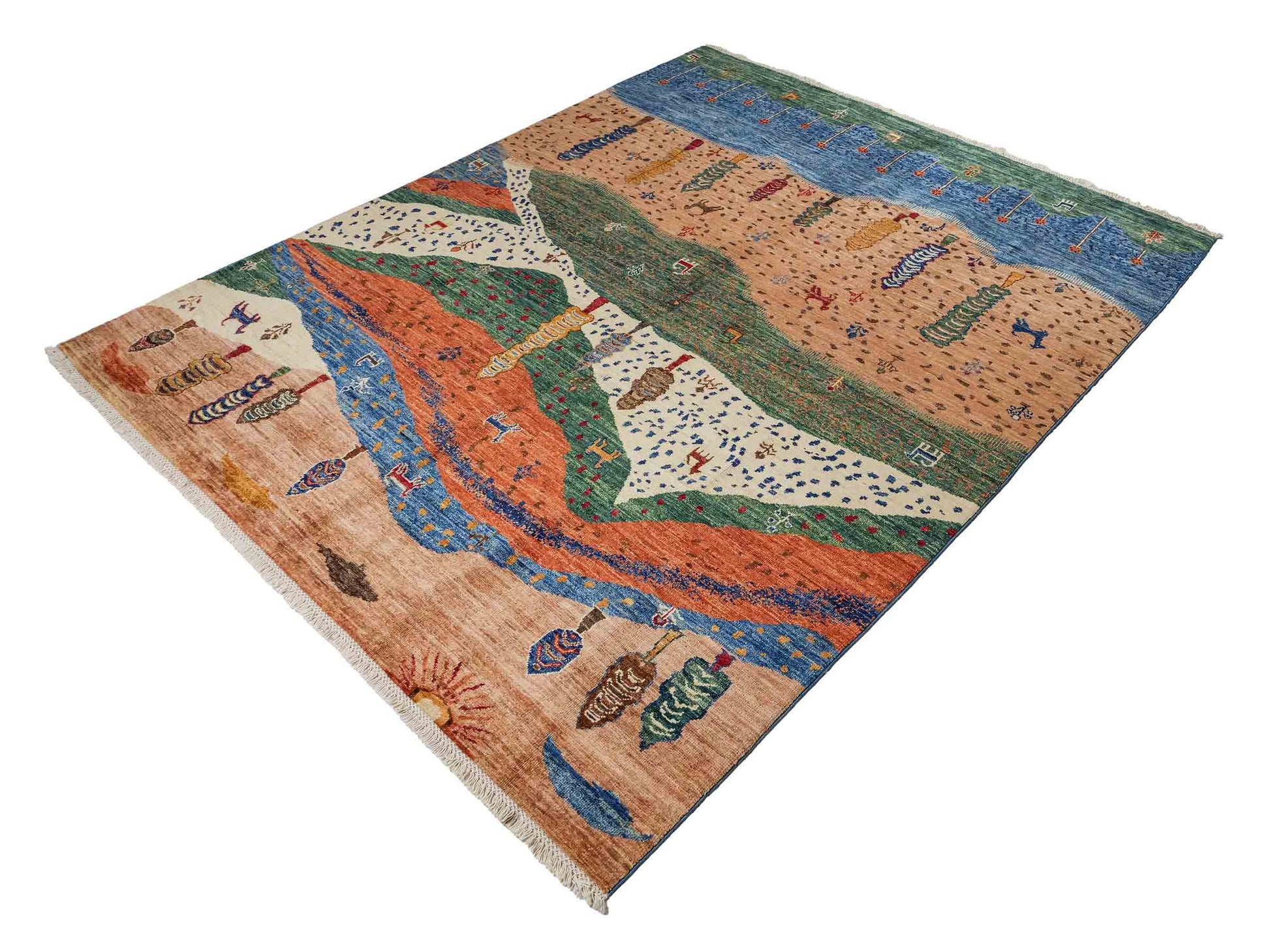 Moderner, handgeknüpfter, afghanischer Design Arijana Orientteppich aus Wolle von Khademi. Größe: 230 x 179 cm. Farbe: Beige, blau, grün. Vertrieb durch JUPITER Intl.