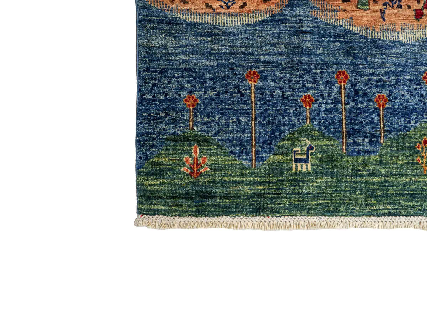 Moderner, handgeknüpfter, afghanischer Design Arijana Orientteppich aus Wolle von Khademi. Größe: 230 x 179 cm. Farbe: Beige, blau, grün. Vertrieb durch JUPITER Intl.