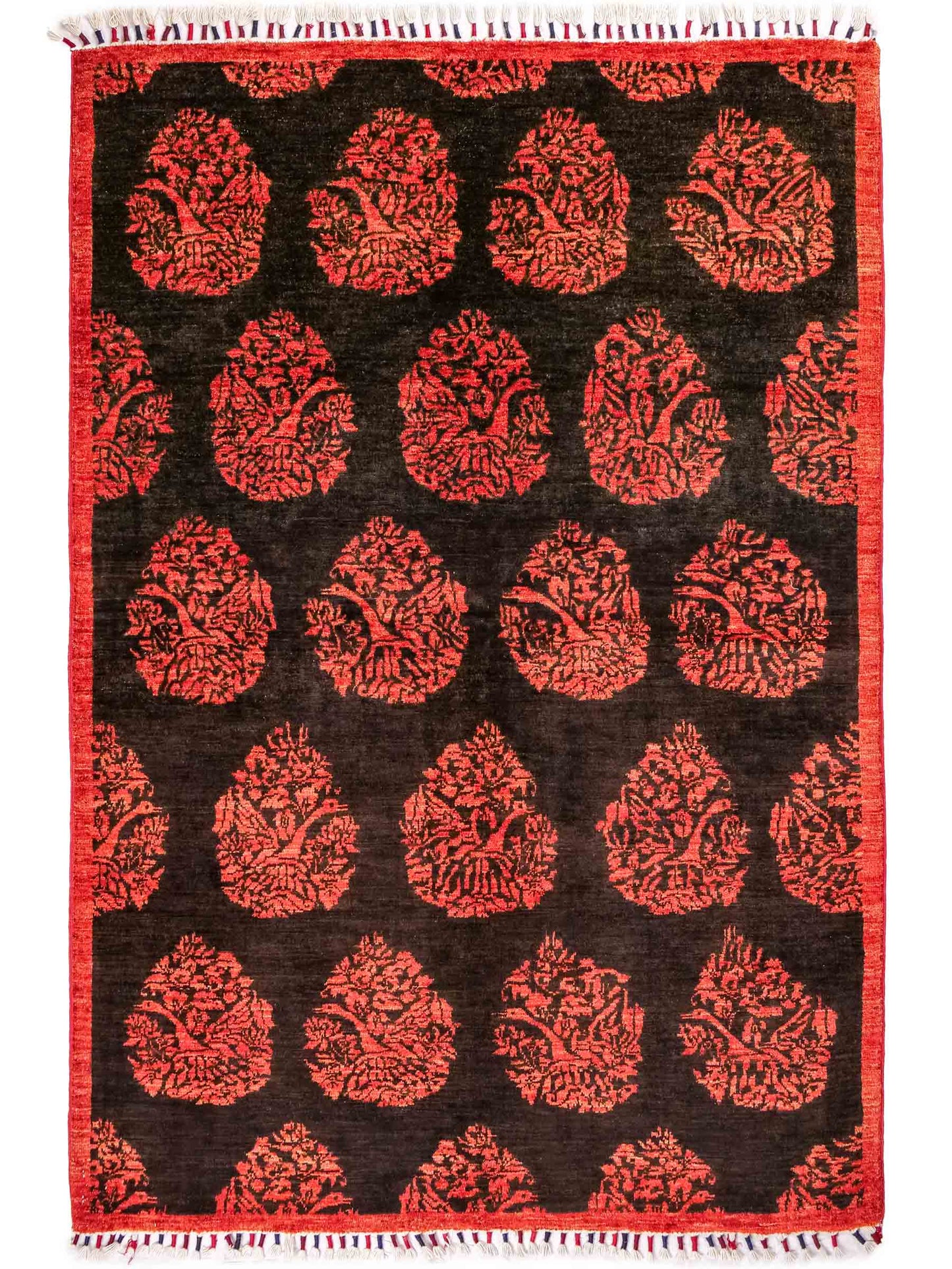 Handgeknüpfter, afghanischer, moderner Design Ziegler Orientteppich aus Wolle von Khademi. Größe: 180 x 127 cm. Farbe: Schwarz, rot. Verkauf durch JUPITER Intl.