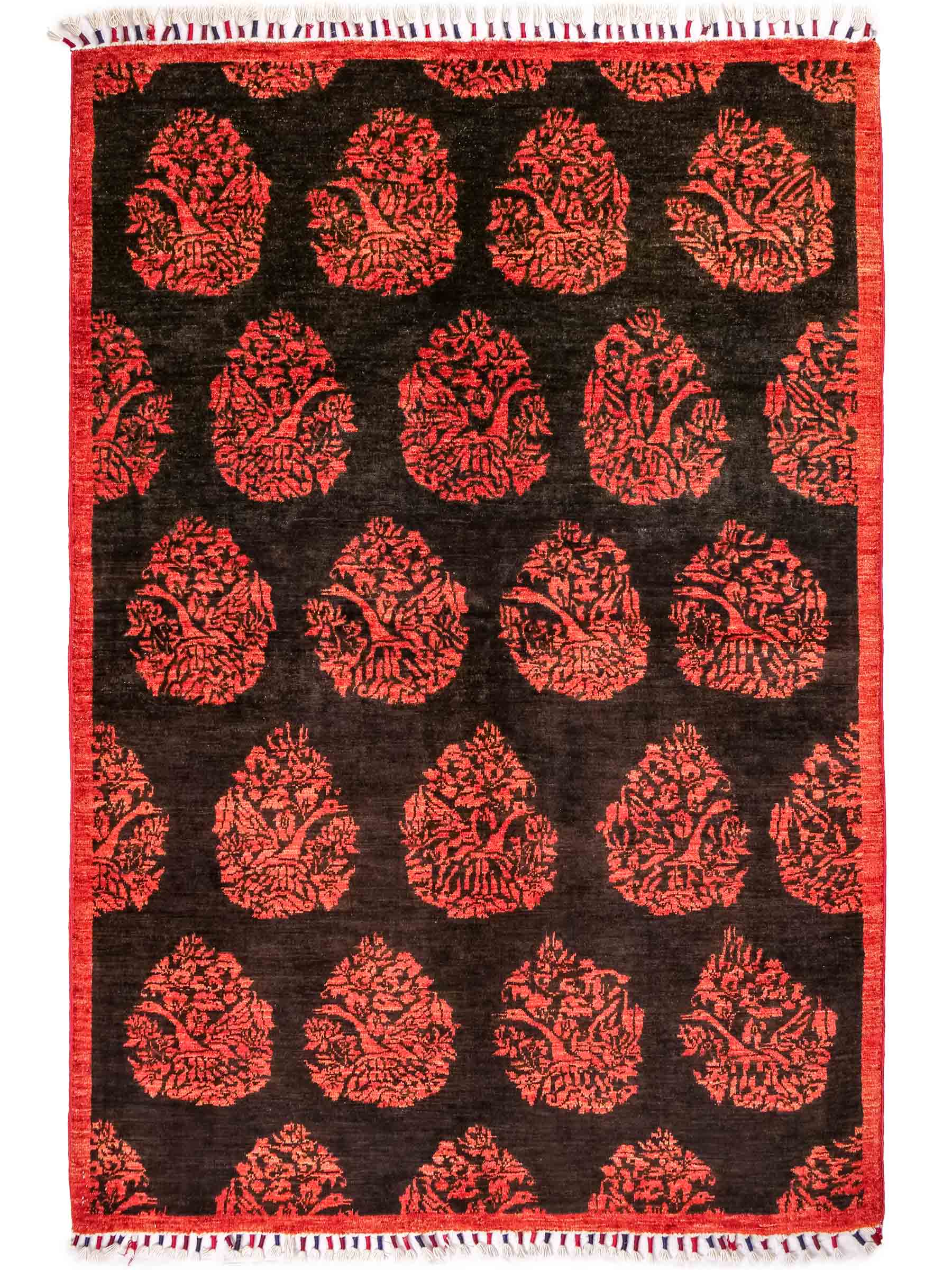 Handgeknüpfter, afghanischer, moderner Design Ziegler Orientteppich aus Wolle von Khademi. Größe: 180 x 127 cm. Farbe: Schwarz, rot. Verkauf durch JUPITER Intl.