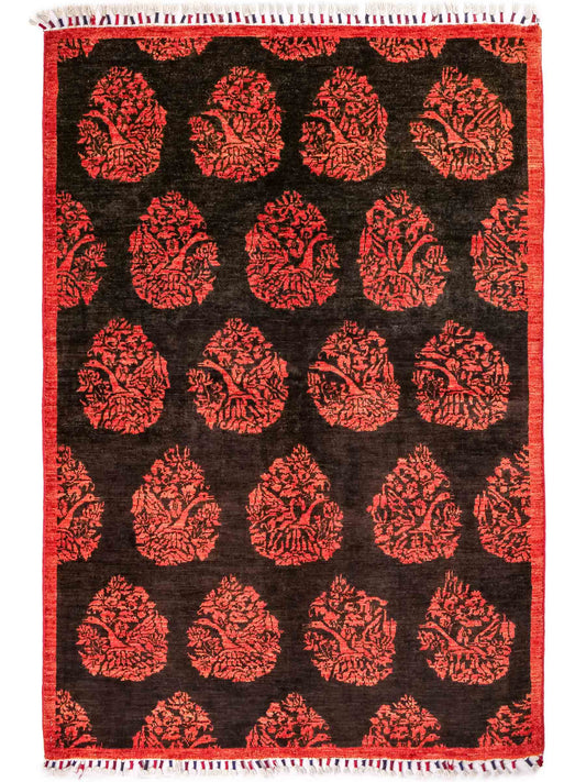 Handgeknüpfter, afghanischer, moderner Design Ziegler Orientteppich aus Wolle von Khademi. Größe: 180 x 127 cm. Farbe: Schwarz, rot. Verkauf durch JUPITER Intl.