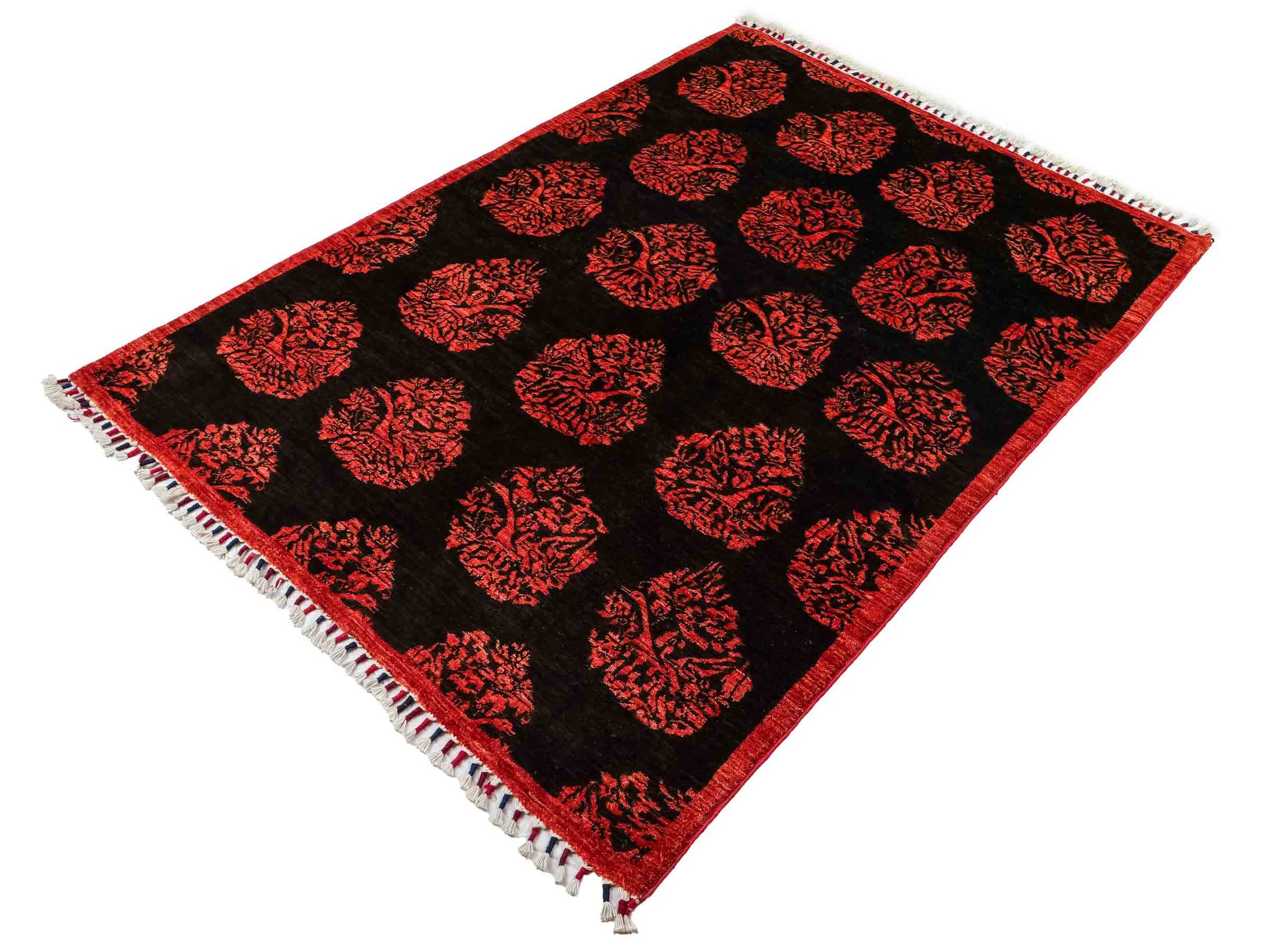 Handgeknüpfter, afghanischer, moderner Design Ziegler Orientteppich aus Wolle von Khademi. Größe: 180 x 127 cm. Farbe: Schwarz, rot. Verkauf durch JUPITER Intl.