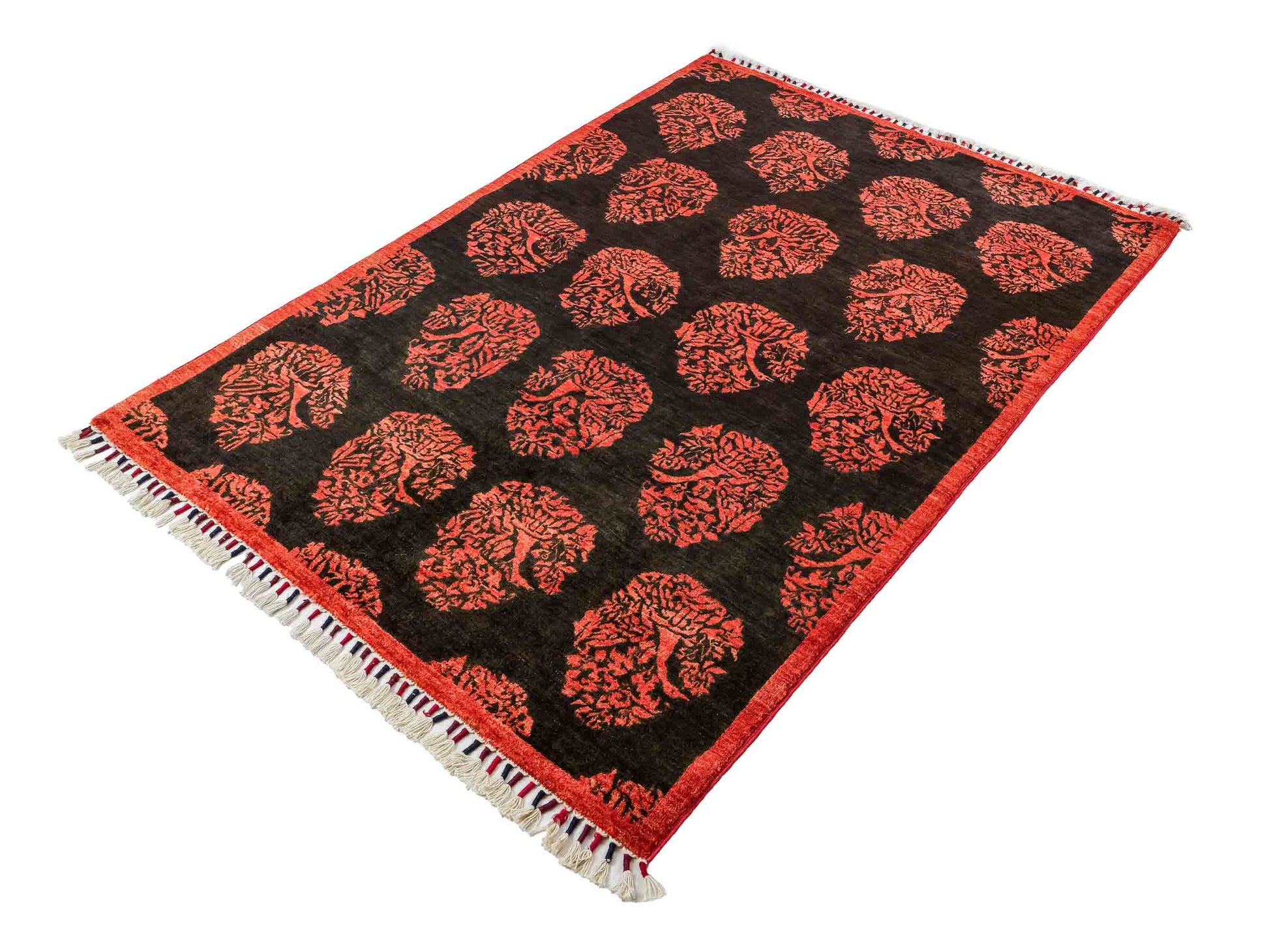 Handgeknüpfter, afghanischer, moderner Design Ziegler Orientteppich aus Wolle von Khademi. Größe: 180 x 127 cm. Farbe: Schwarz, rot. Verkauf durch JUPITER Intl.