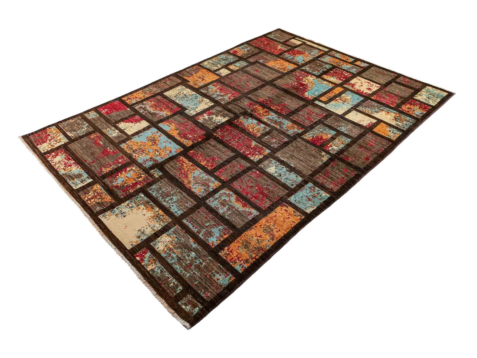 Handgeknüpfter, afghanischer, moderner Design Ziegler Orientteppich aus Wolle von Khademi. Größe: 246 x 173 cm. Farbe: Braun. Verkauf durch JUPITER Intl.