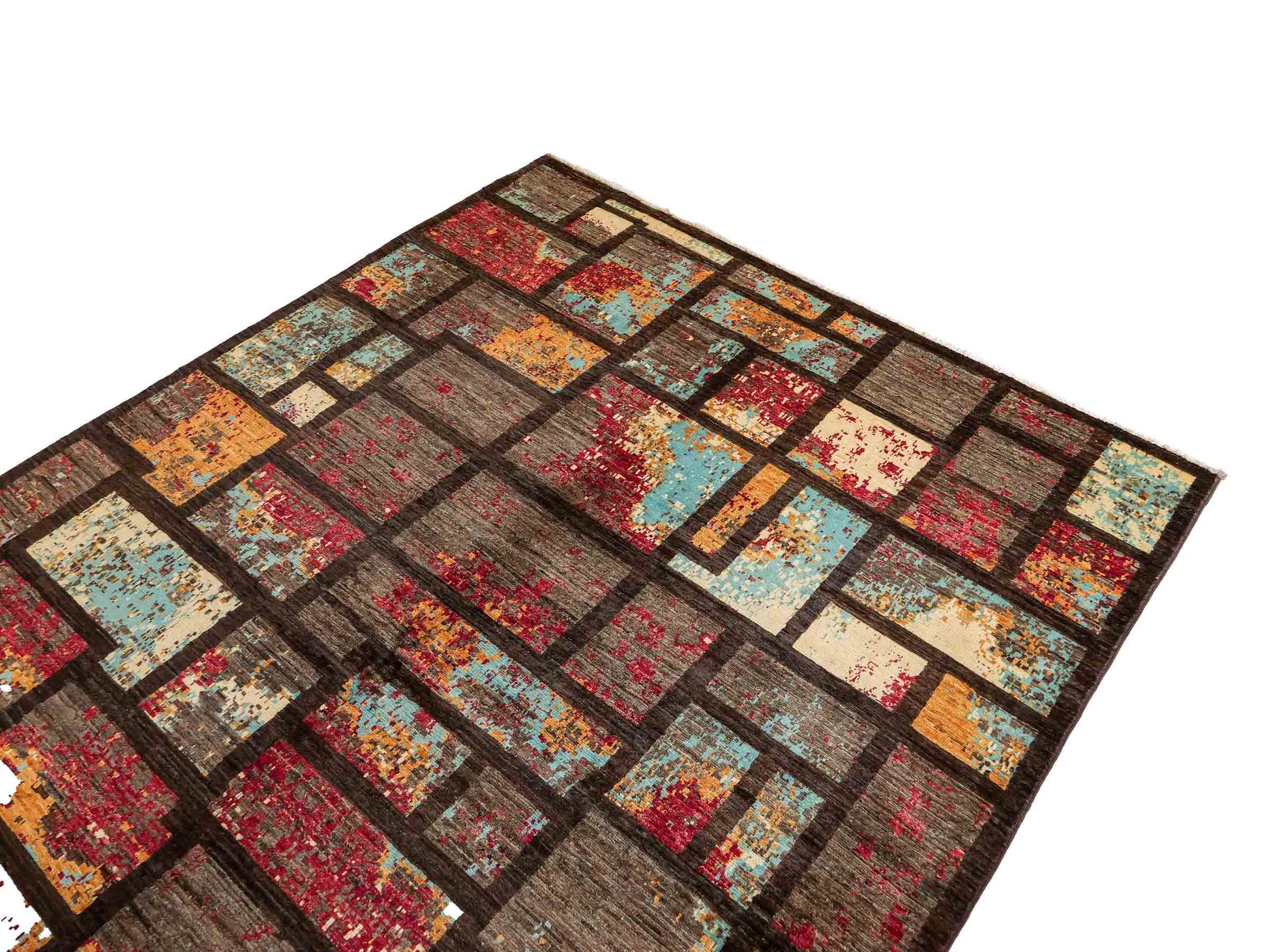 Handgeknüpfter, afghanischer, moderner Design Ziegler Orientteppich aus Wolle von Khademi. Größe: 246 x 173 cm. Farbe: Braun. Verkauf durch JUPITER Intl.