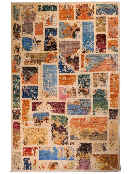Handgeknüpfter, afghanischer, moderner Design Ziegler Orientteppich aus Wolle von Khademi. Größe: 290 x 201 cm. Farbe: Cremeweiß, beige. Verkauf durch JUPITER Intl.