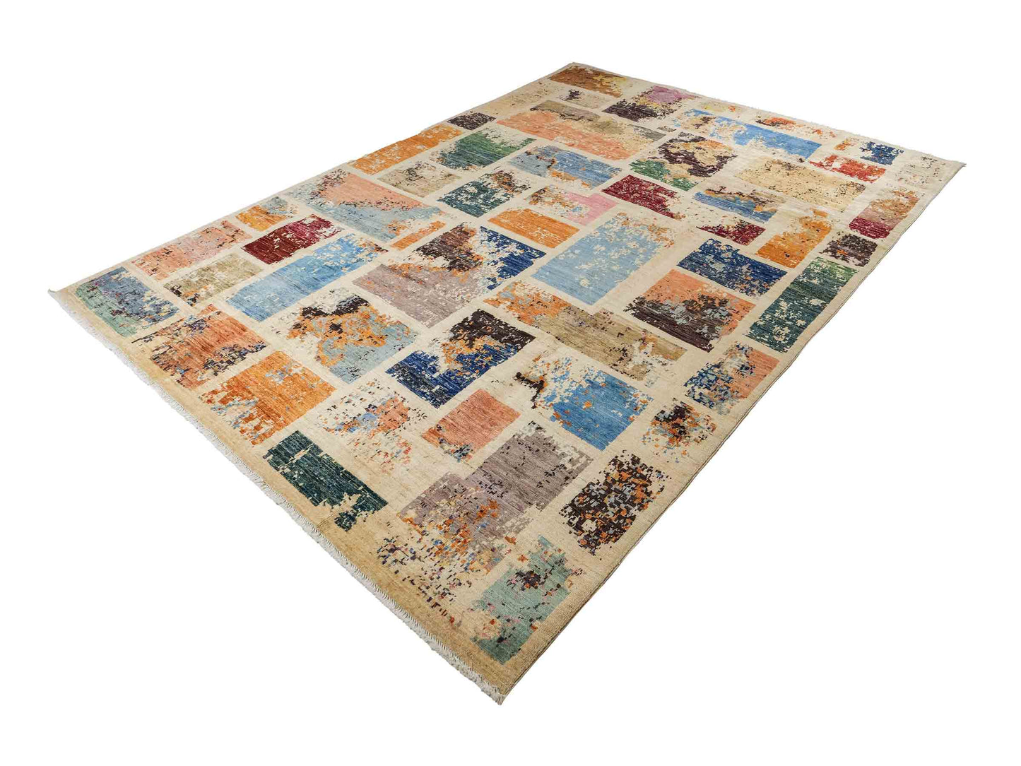 Handgeknüpfter, afghanischer, moderner Design Ziegler Orientteppich aus Wolle von Khademi. Größe: 290 x 201 cm. Farbe: Cremeweiß, beige. Verkauf durch JUPITER Intl.