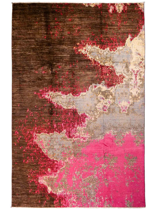 Handgeknüpfter, afghanischer, moderner Design Ziegler Orientteppich aus Wolle von Khademi. Größe: 300 x 201 cm. Farbe: Braun, grau, pink. Verkauf durch JUPITER Intl.
