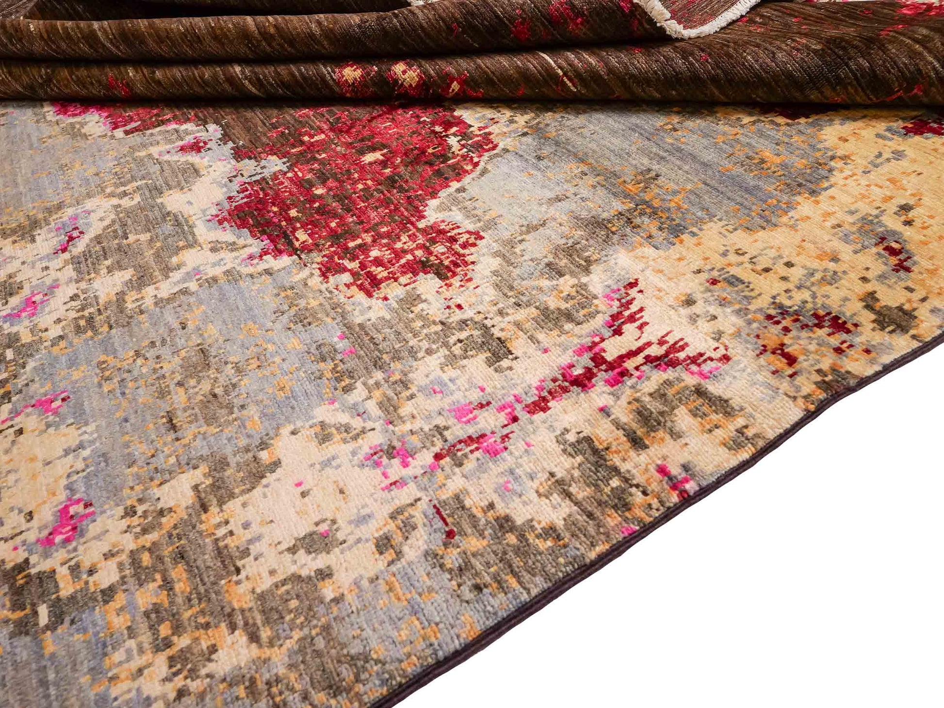 Handgeknüpfter, afghanischer, moderner Design Ziegler Orientteppich aus Wolle von Khademi. Größe: 300 x 201 cm. Farbe: Braun, grau, pink. Verkauf durch JUPITER Intl.