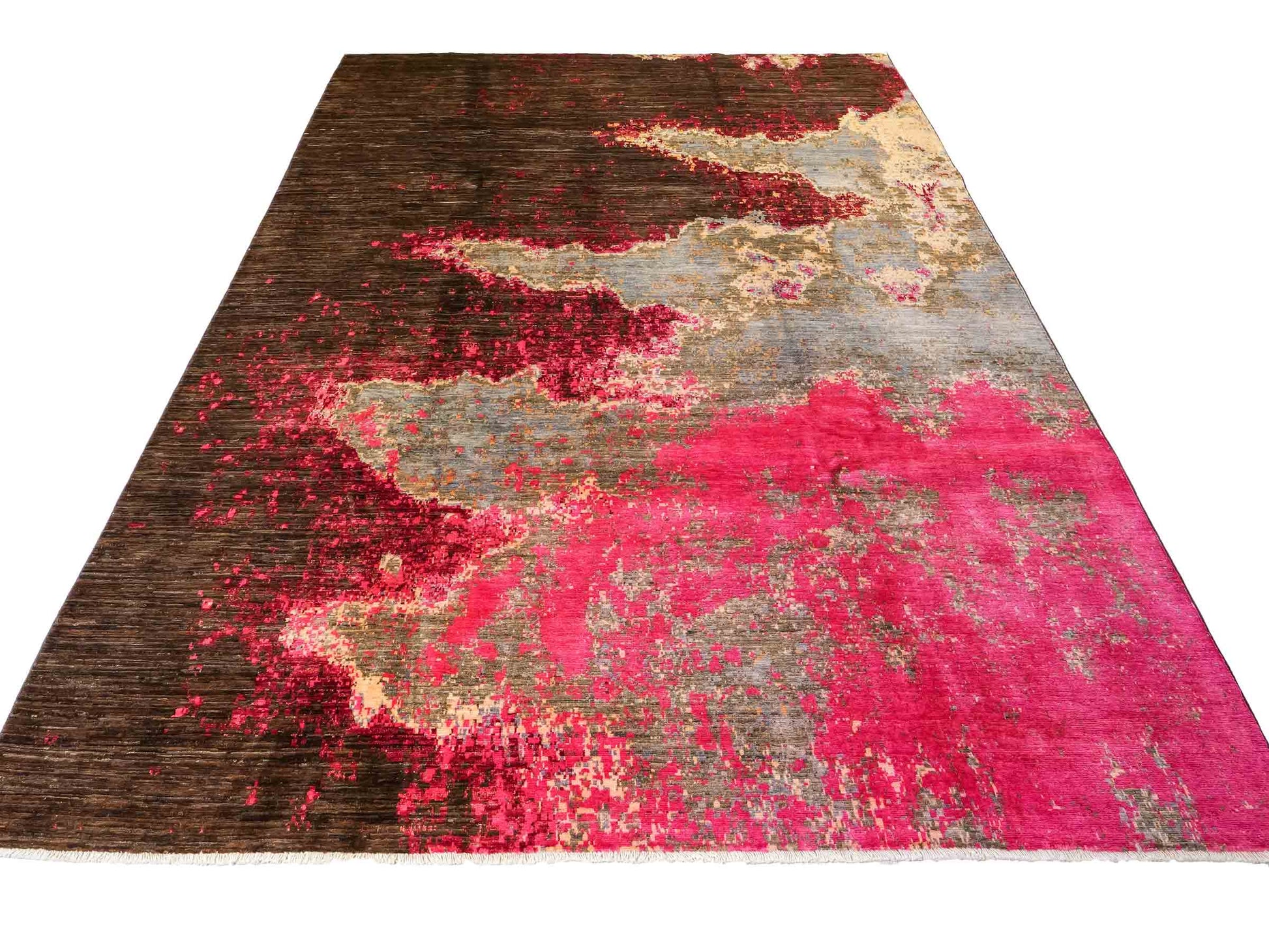 Handgeknüpfter, afghanischer, moderner Design Ziegler Orientteppich aus Wolle von Khademi. Größe: 300 x 201 cm. Farbe: Braun, grau, pink. Verkauf durch JUPITER Intl.