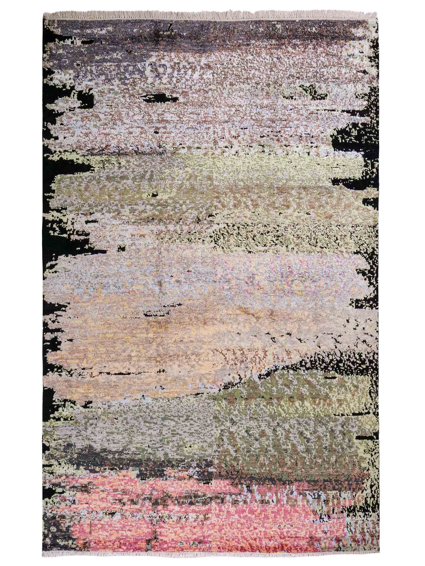 Handgeknüpfter Designer Orientteppich von Khademi aus Wolle mit Viskose, schwarz, mehrfarbig. Abstraktes Design. Von Hand geknüpft in Indien. Größe: 203x151cm. Teppichnummer: KB4-1623. Verkauf durch Jupiter Intl.