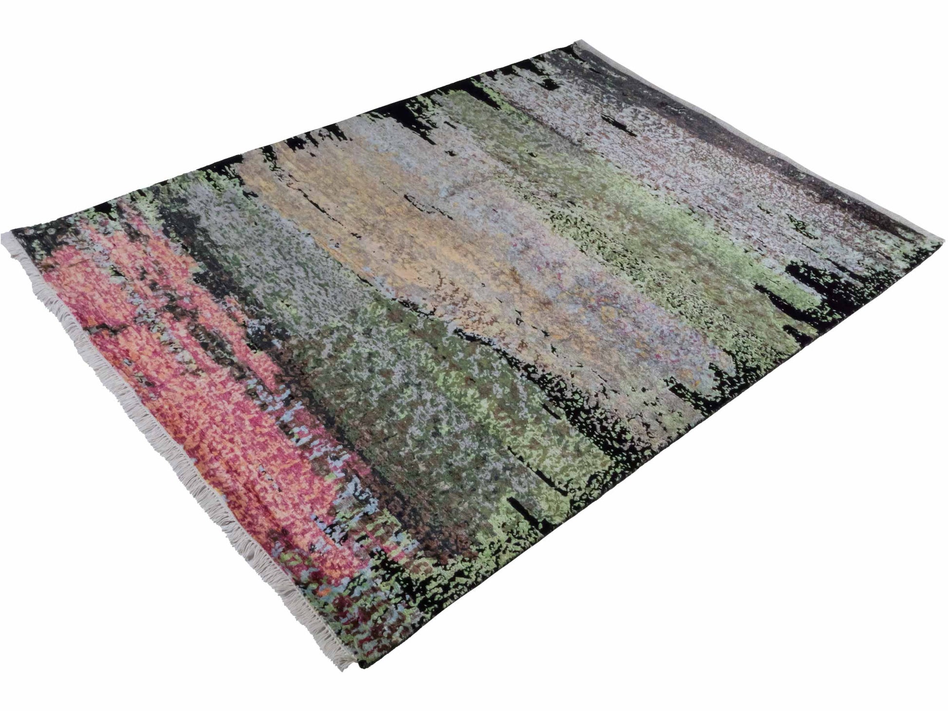 Handgeknüpfter Designer Orientteppich von Khademi aus Wolle mit Viskose, schwarz, mehrfarbig. Abstraktes Design. Von Hand geknüpft in Indien. Größe: 203x151cm. Teppichnummer: KB4-1623. Verkauf durch Jupiter Intl.