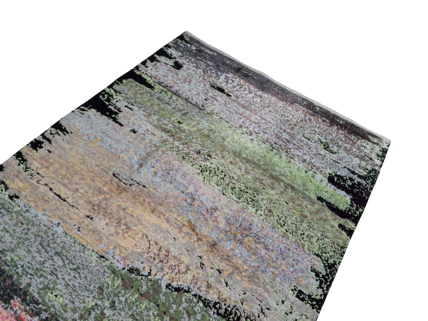 Handgeknüpfter Designer Orientteppich von Khademi aus Wolle mit Viskose, schwarz, mehrfarbig. Abstraktes Design. Von Hand geknüpft in Indien. Größe: 203x151cm. Teppichnummer: KB4-1623. Verkauf durch Jupiter Intl.