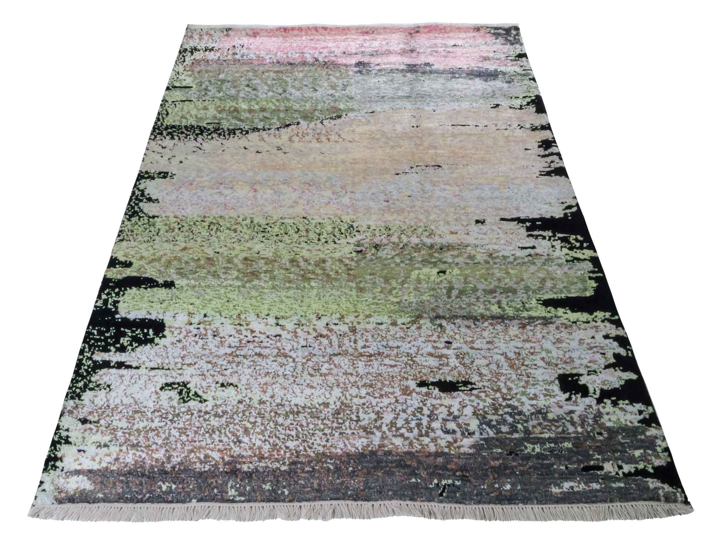 Handgeknüpfter Designer Orientteppich von Khademi aus Wolle mit Viskose, schwarz, mehrfarbig. Abstraktes Design. Von Hand geknüpft in Indien. Größe: 203x151cm. Teppichnummer: KB4-1623. Verkauf durch Jupiter Intl.