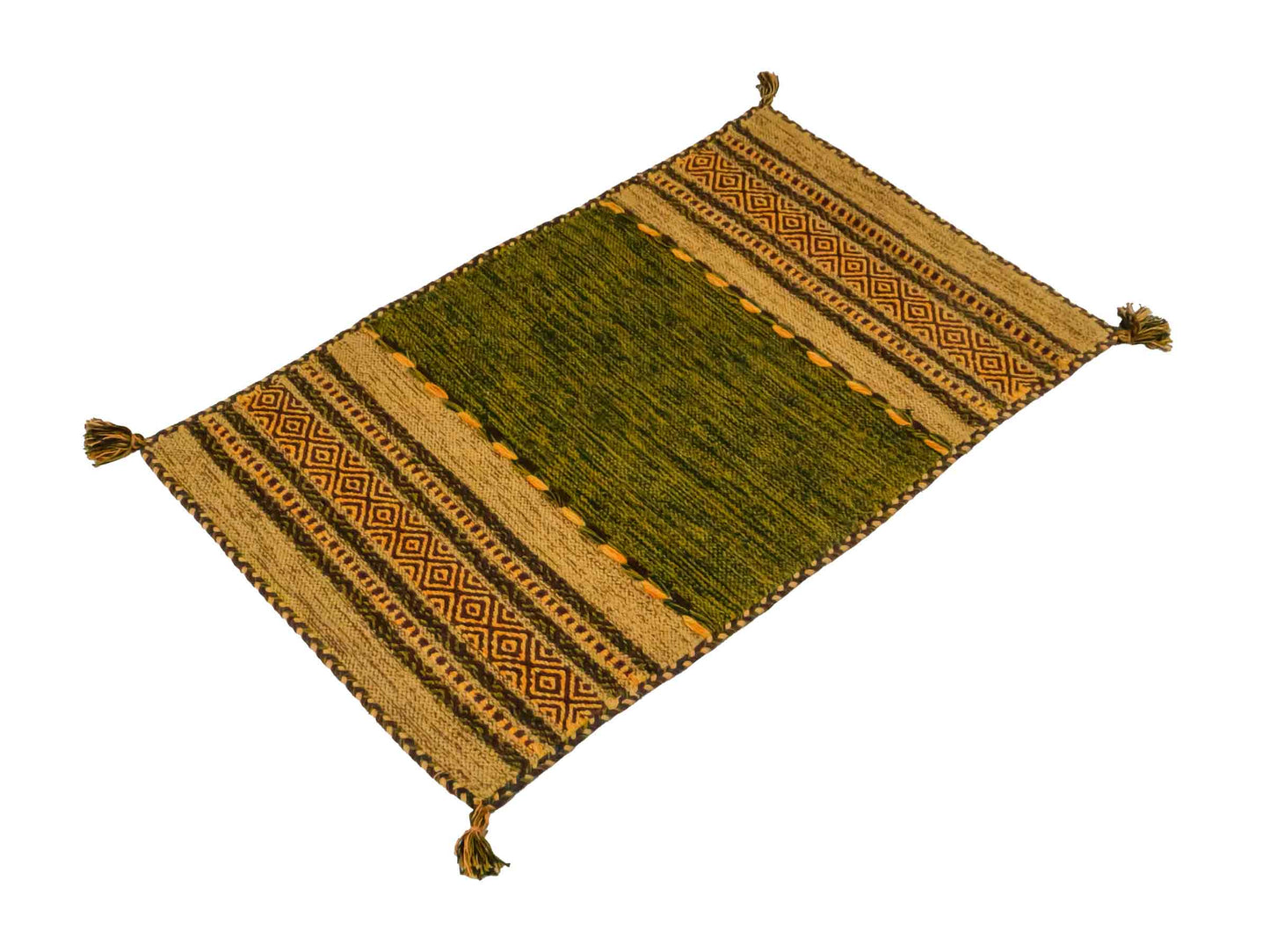 Handgewebter, moderner Indo Kelim Orientteppich von Khademi aus Baumwolle, grün, mehrfarbig. Geometrisches Design. Von Hand gewebt in Indien. Größe: 110x70cm. Teppichnummer: KB4-1647. Verkauf durch Jupiter Intl.