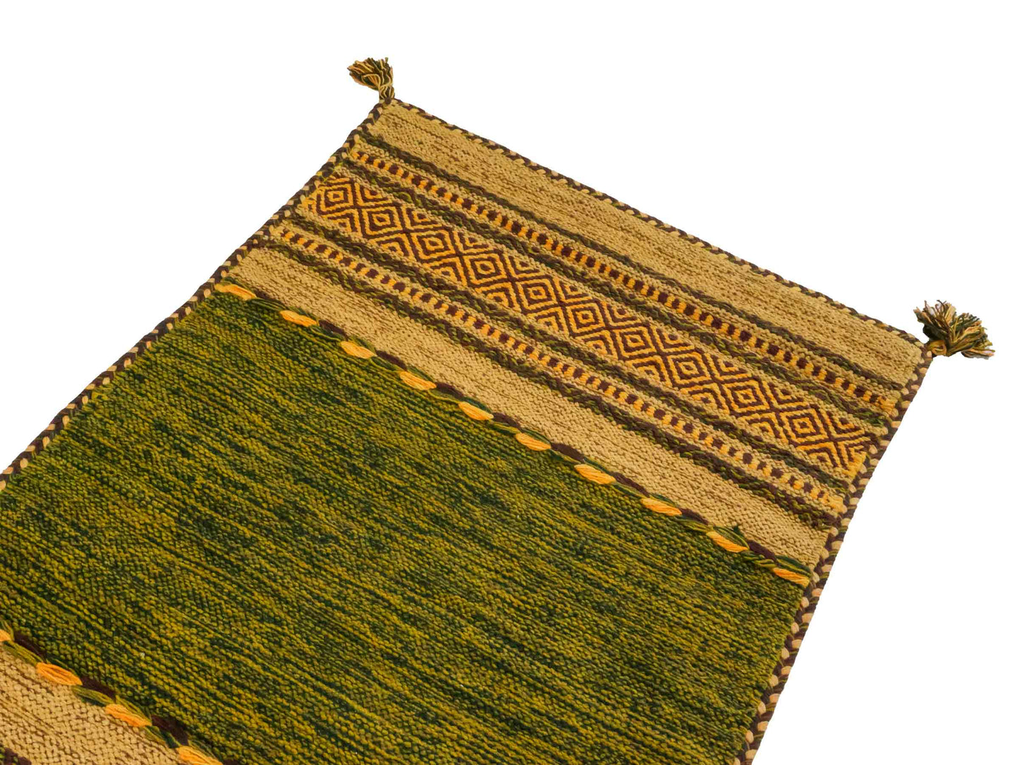 Handgewebter, moderner Indo Kelim Orientteppich von Khademi aus Baumwolle, grün, mehrfarbig. Geometrisches Design. Von Hand gewebt in Indien. Größe: 110x70cm. Teppichnummer: KB4-1647. Verkauf durch Jupiter Intl.