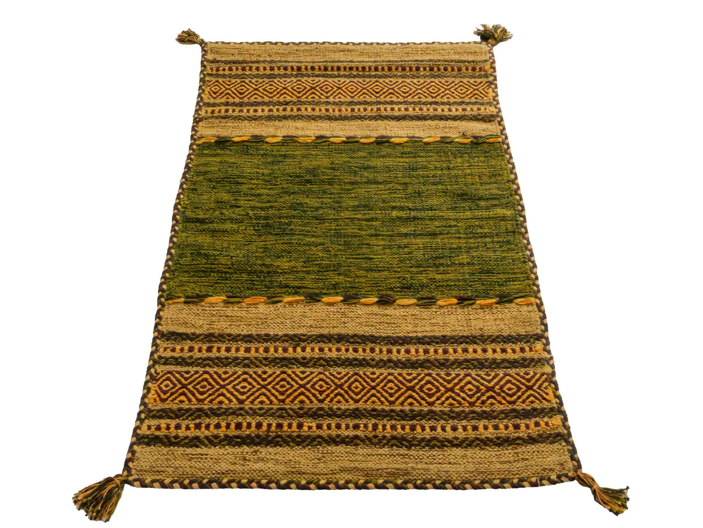 Handgewebter, moderner Indo Kelim Orientteppich von Khademi aus Baumwolle, grün, mehrfarbig. Geometrisches Design. Von Hand gewebt in Indien. Größe: 110x70cm. Teppichnummer: KB4-1647. Verkauf durch Jupiter Intl.