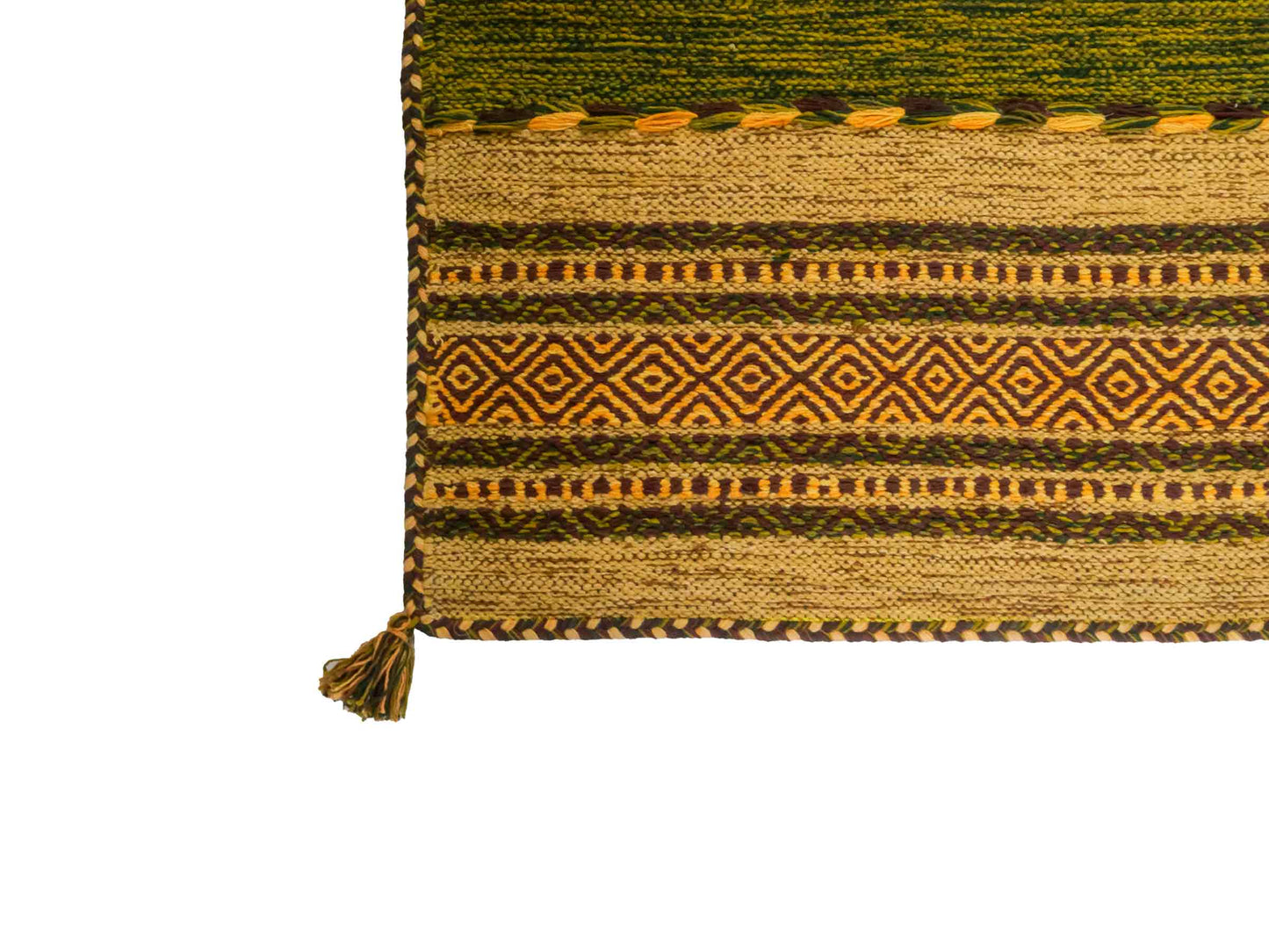 Handgewebter, moderner Indo Kelim Orientteppich von Khademi aus Baumwolle, grün, mehrfarbig. Geometrisches Design. Von Hand gewebt in Indien. Größe: 110x70cm. Teppichnummer: KB4-1647. Verkauf durch Jupiter Intl.