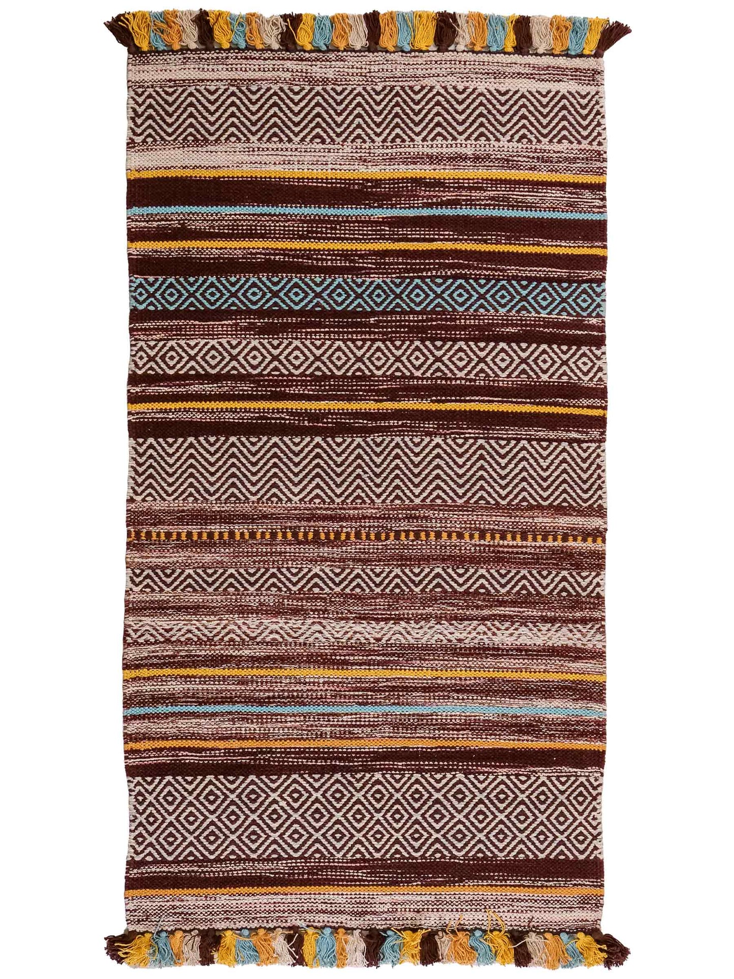 Handgewebter, moderner Indo Kelim Orientteppich von Khademi aus Baumwolle, dunkelrot, mehrfarbig. Geometrisches Design. Von Hand gewebt in Indien. Größe: 130x70cm. Teppichnummer: KB4-1643. Verkauf durch Jupiter Intl.