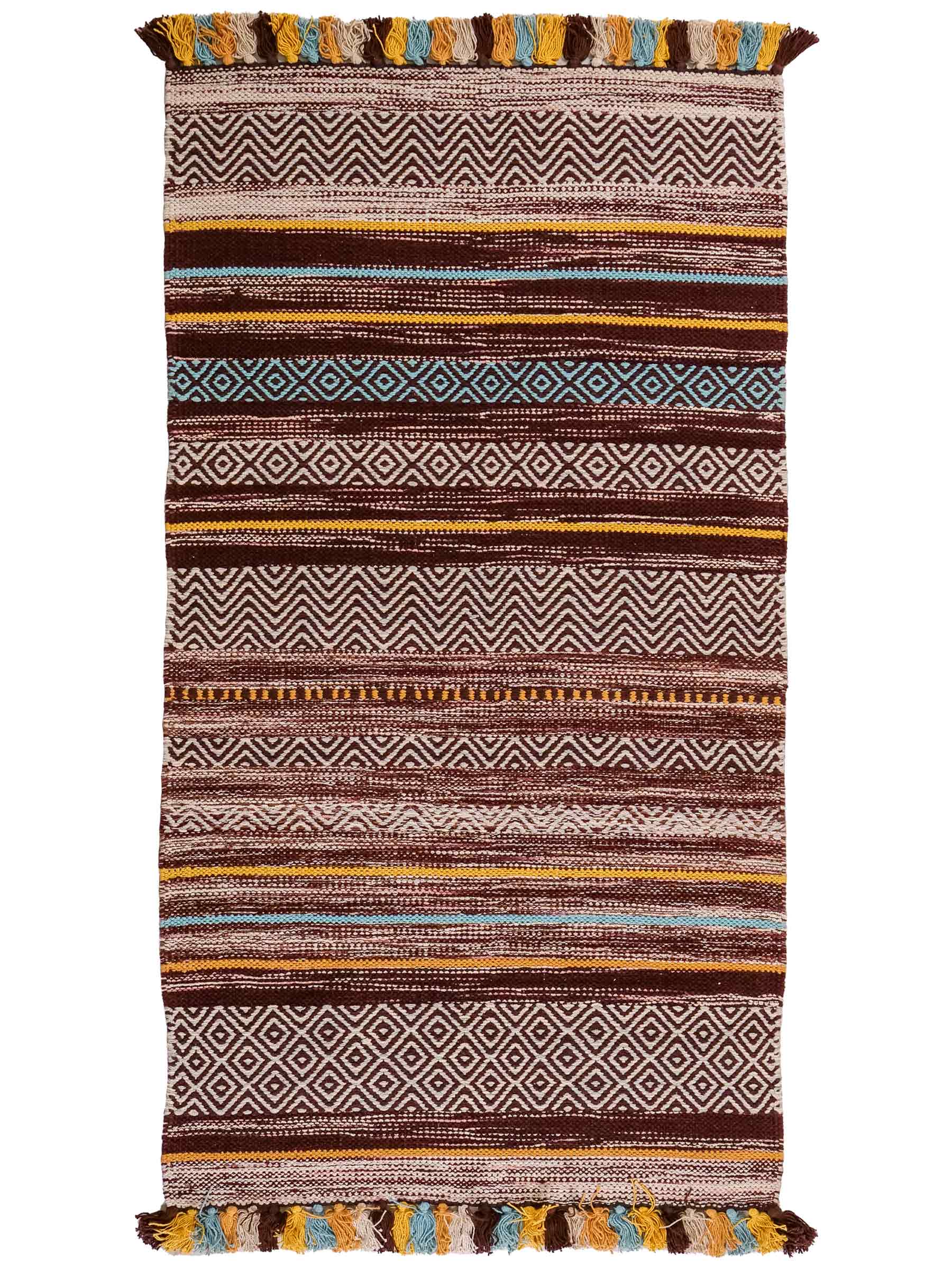 Handgewebter, moderner Indo Kelim Orientteppich von Khademi aus Baumwolle, dunkelrot, mehrfarbig. Geometrisches Design. Von Hand gewebt in Indien. Größe: 130x70cm. Teppichnummer: KB4-1643. Verkauf durch Jupiter Intl.