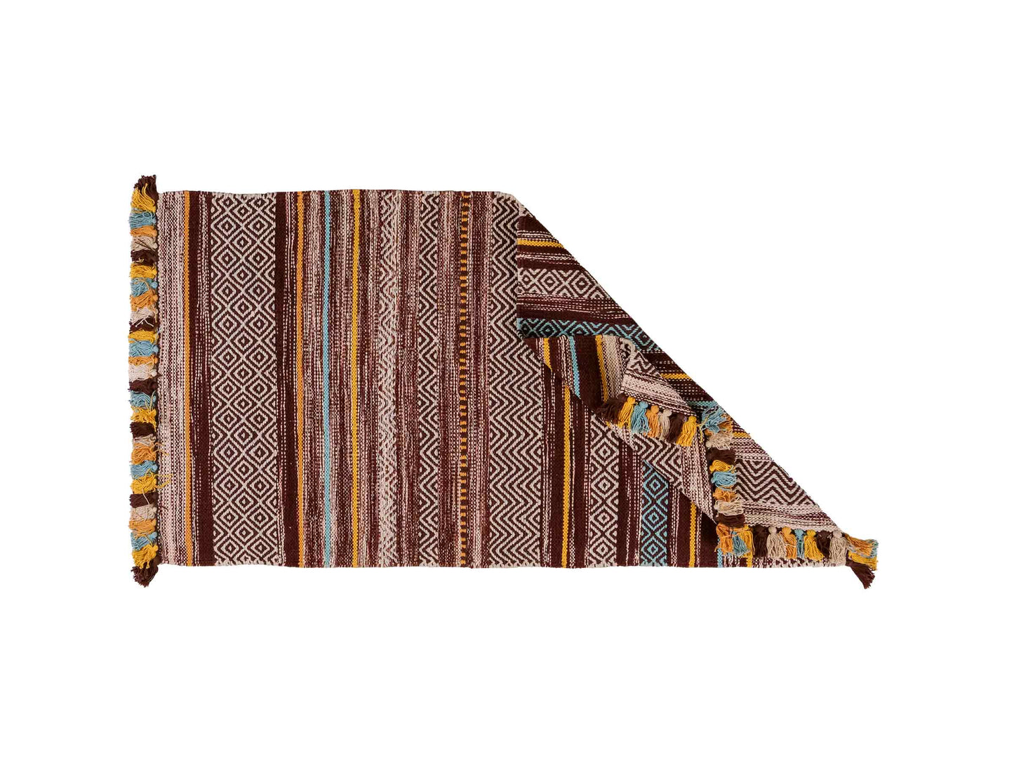 Handgewebter, moderner Indo Kelim Orientteppich von Khademi aus Baumwolle, dunkelrot, mehrfarbig. Geometrisches Design. Von Hand gewebt in Indien. Größe: 130x70cm. Teppichnummer: KB4-1643. Verkauf durch Jupiter Intl.