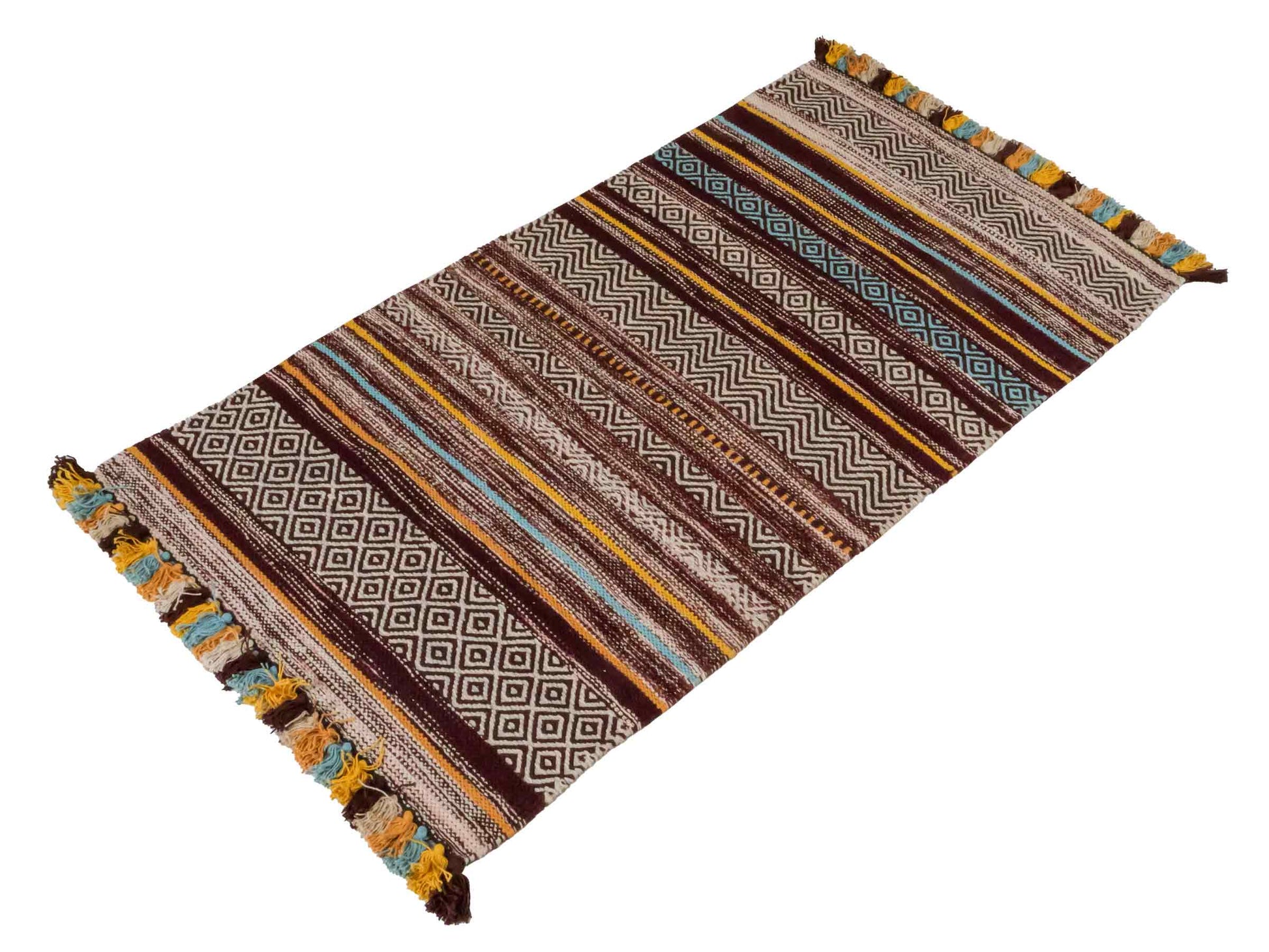 Handgewebter, moderner Indo Kelim Orientteppich von Khademi aus Baumwolle, dunkelrot, mehrfarbig. Geometrisches Design. Von Hand gewebt in Indien. Größe: 130x70cm. Teppichnummer: KB4-1643. Verkauf durch Jupiter Intl.