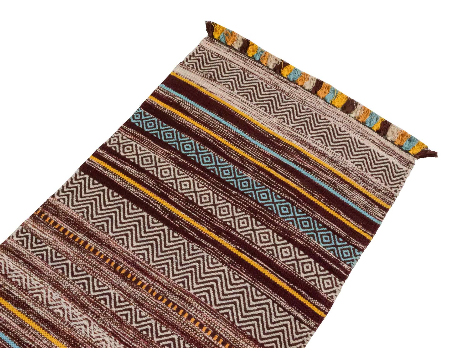 Handgewebter, moderner Indo Kelim Orientteppich von Khademi aus Baumwolle, dunkelrot, mehrfarbig. Geometrisches Design. Von Hand gewebt in Indien. Größe: 130x70cm. Teppichnummer: KB4-1643. Verkauf durch Jupiter Intl.