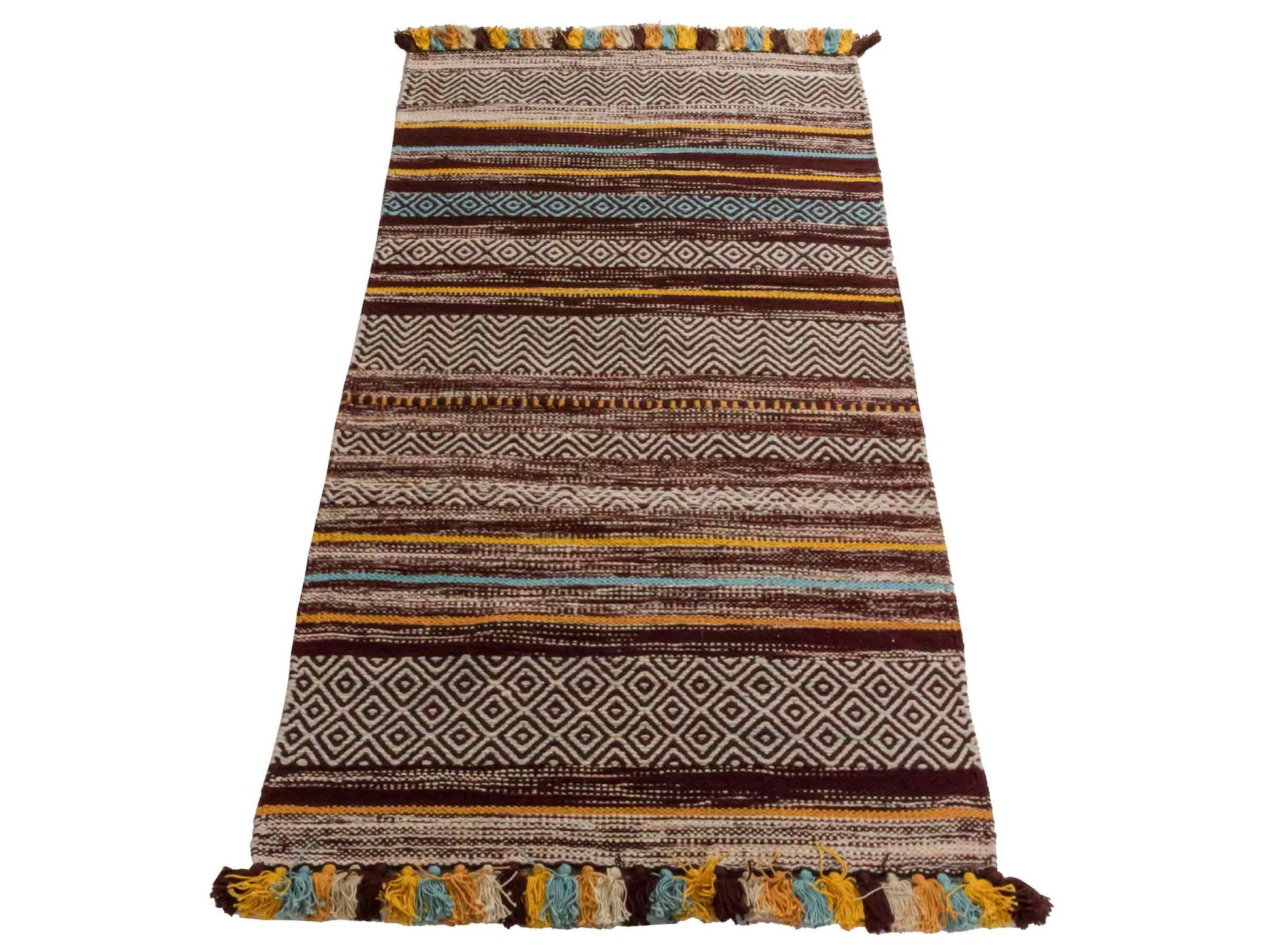 Handgewebter, moderner Indo Kelim Orientteppich von Khademi aus Baumwolle, dunkelrot, mehrfarbig. Geometrisches Design. Von Hand gewebt in Indien. Größe: 130x70cm. Teppichnummer: KB4-1643. Verkauf durch Jupiter Intl.