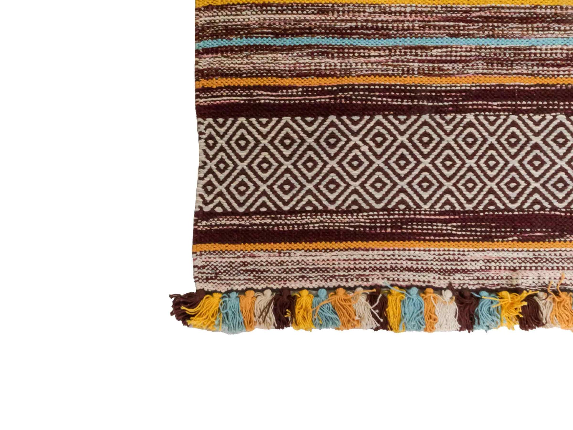 Handgewebter, moderner Indo Kelim Orientteppich von Khademi aus Baumwolle, dunkelrot, mehrfarbig. Geometrisches Design. Von Hand gewebt in Indien. Größe: 130x70cm. Teppichnummer: KB4-1643. Verkauf durch Jupiter Intl.