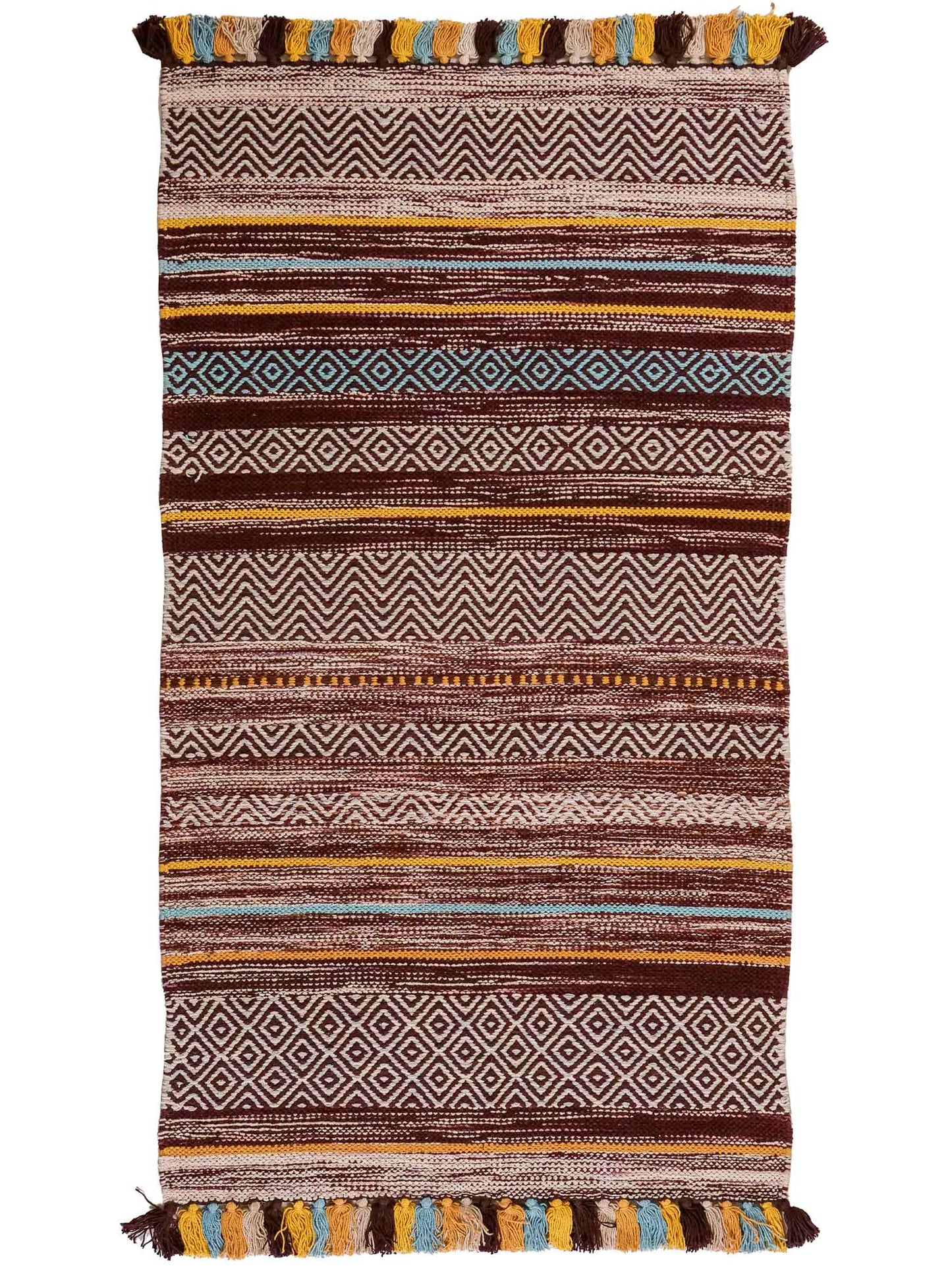 Handgewebter, moderner Indo Kelim Orientteppich von Khademi aus Baumwolle, dunkelrot, mehrfarbig. Geometrisches Design. Von Hand gewebt in Indien. Größe: 130x70cm. Teppichnummer: KB4-1644. Verkauf durch Jupiter Intl.